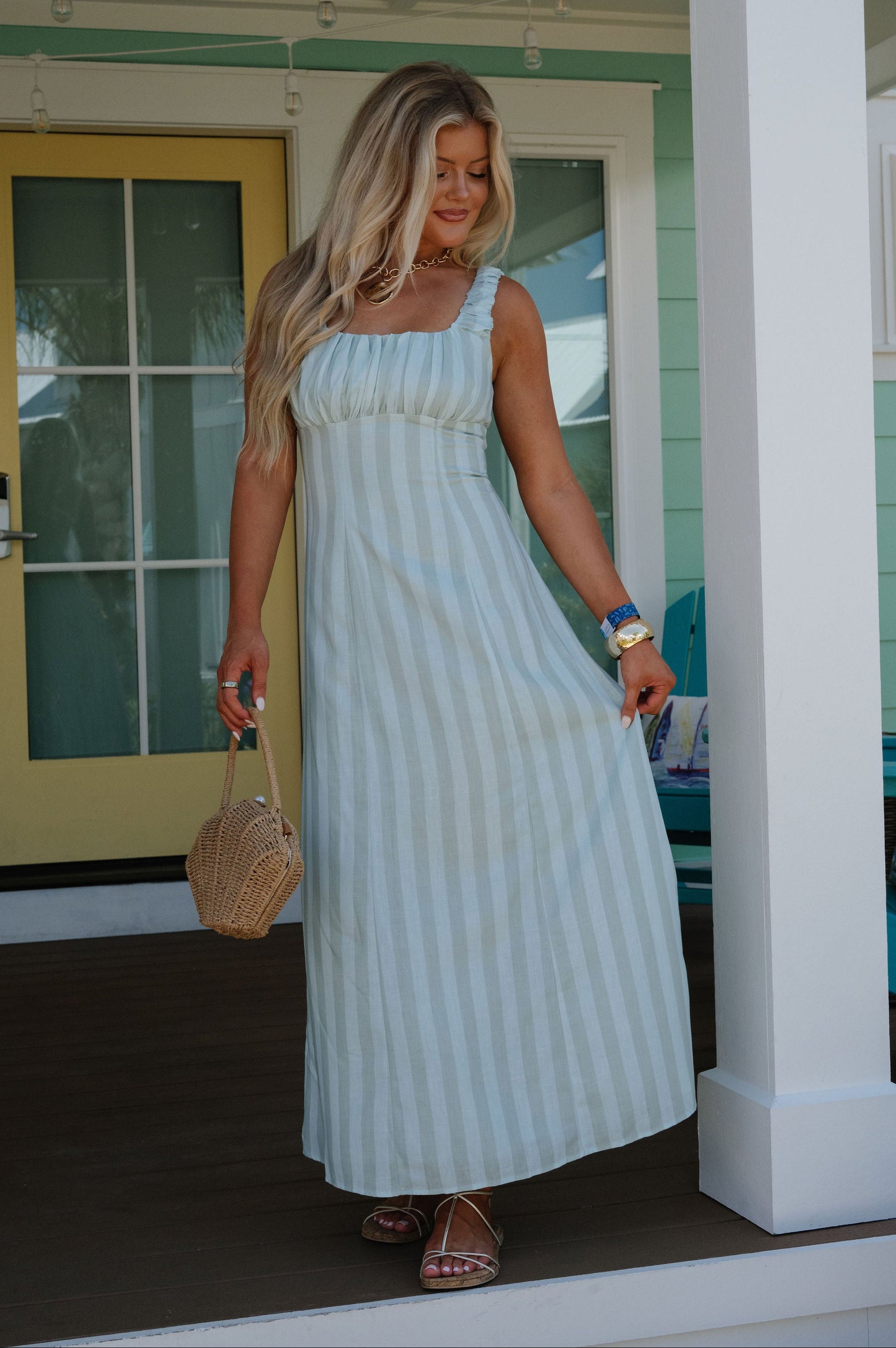 Bentley Striped Midi Dress-Olive/Aqua