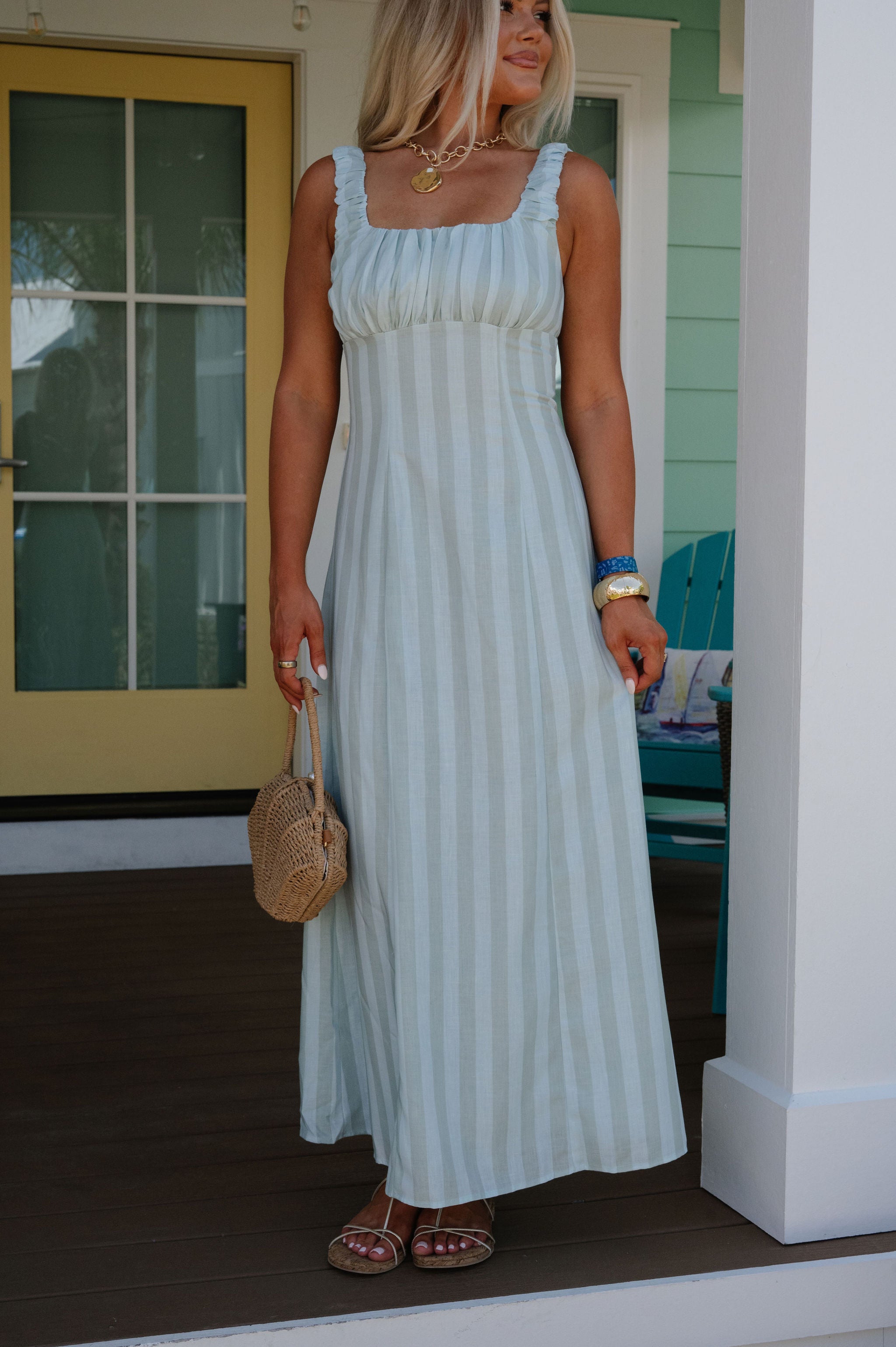 Bentley Striped Midi Dress-Olive/Aqua