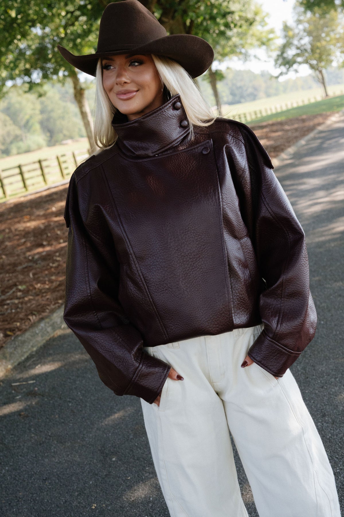 Faux Leather Funnel Neck Oversized Jacket-Burgundy