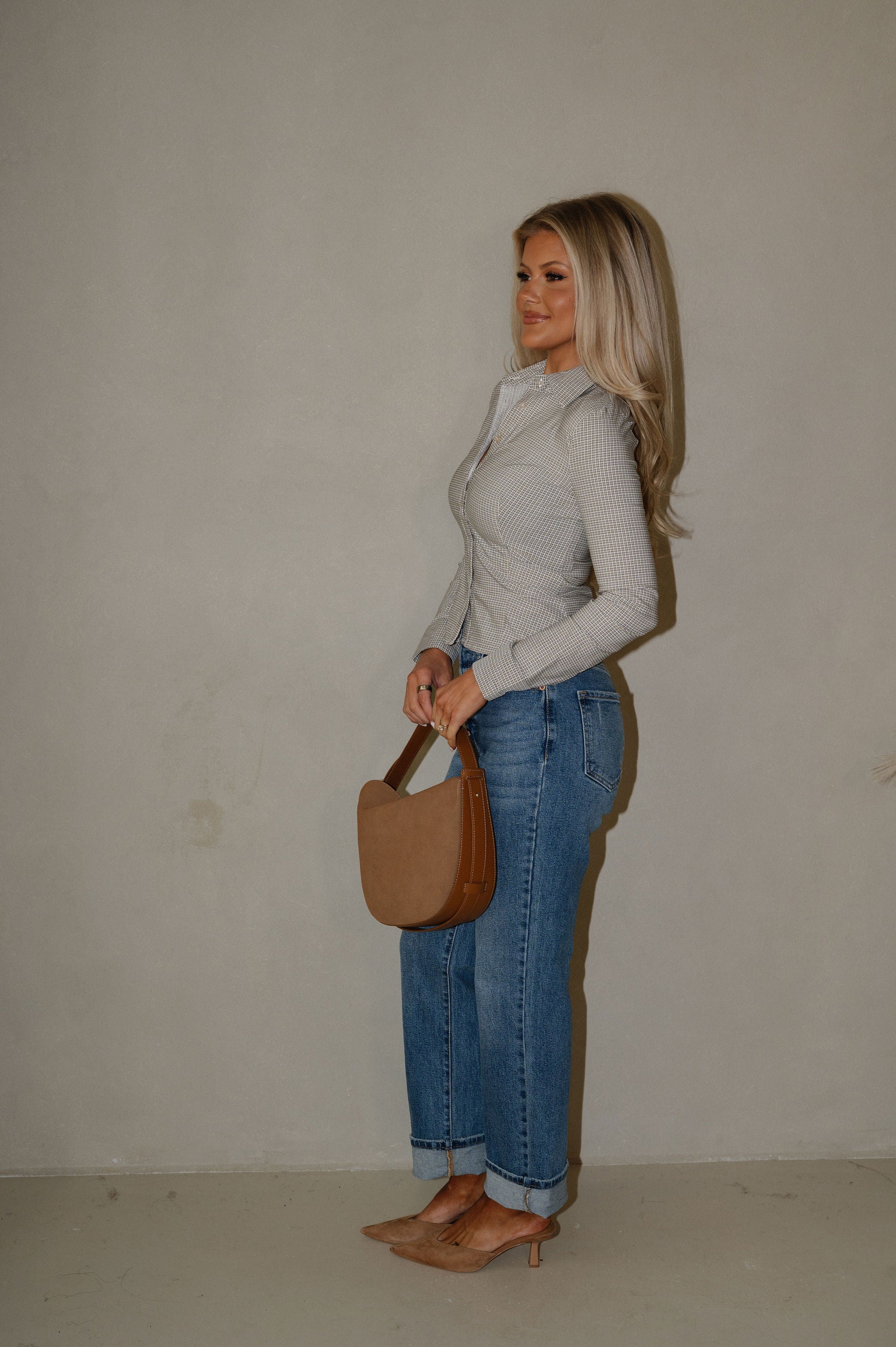 Grid Collared Button Down Top-Cream Multi