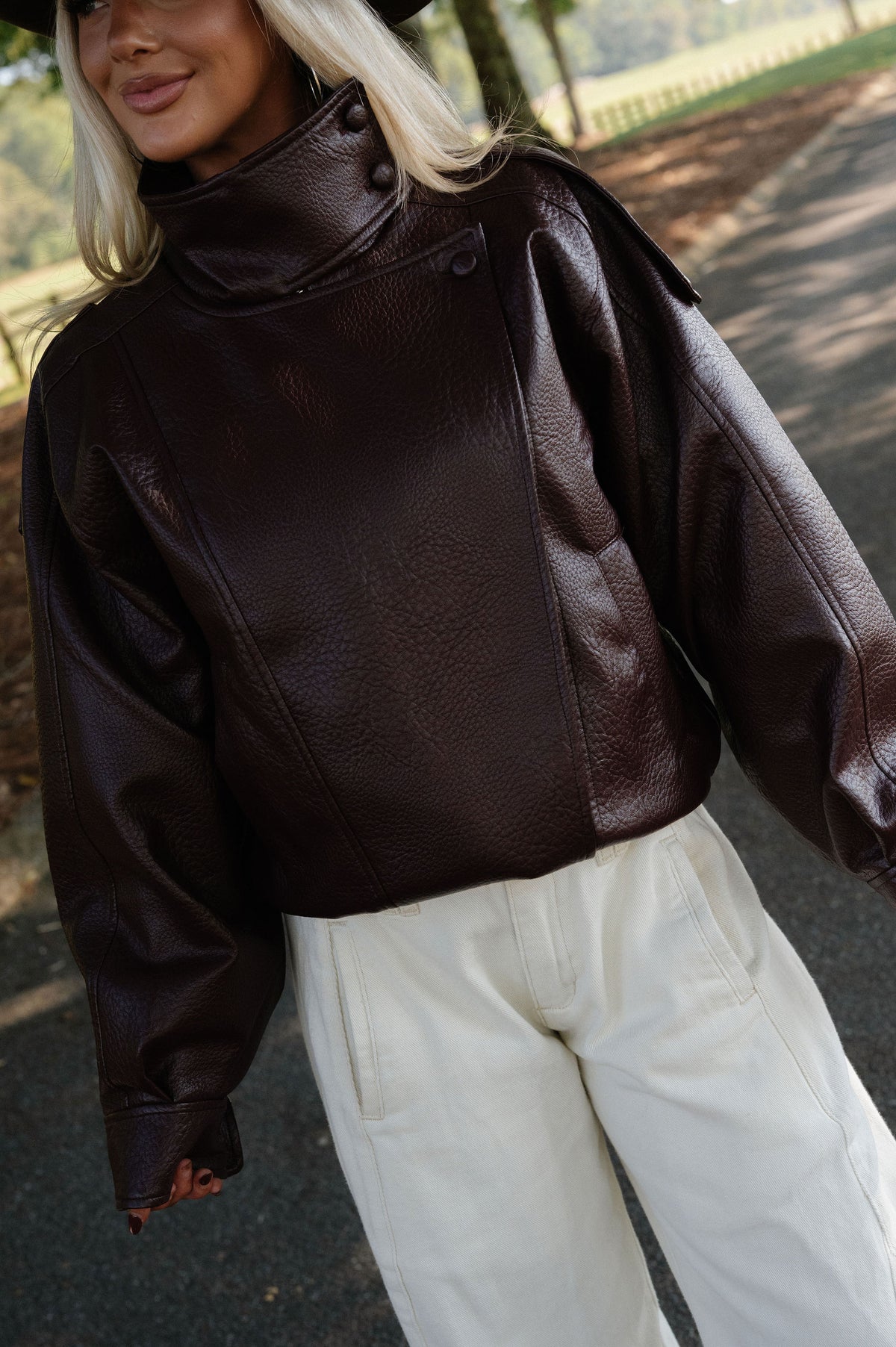 Faux Leather Funnel Neck Oversized Jacket-Burgundy