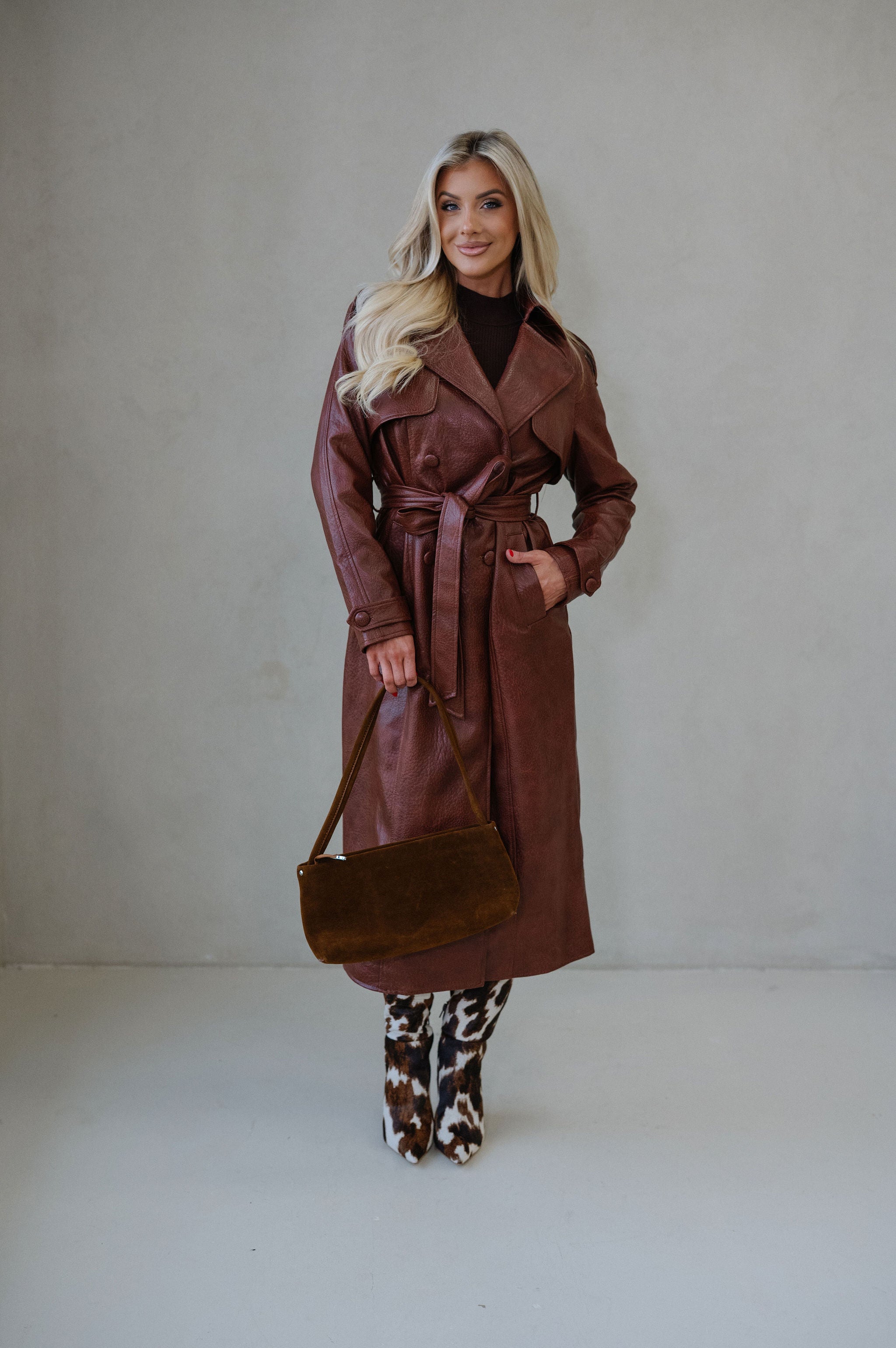 Camden Faux Leather Trench Coat-Rust Brown