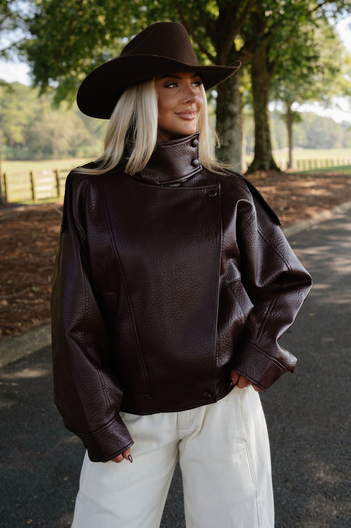 Faux Leather Funnel Neck Oversized Jacket-Burgundy