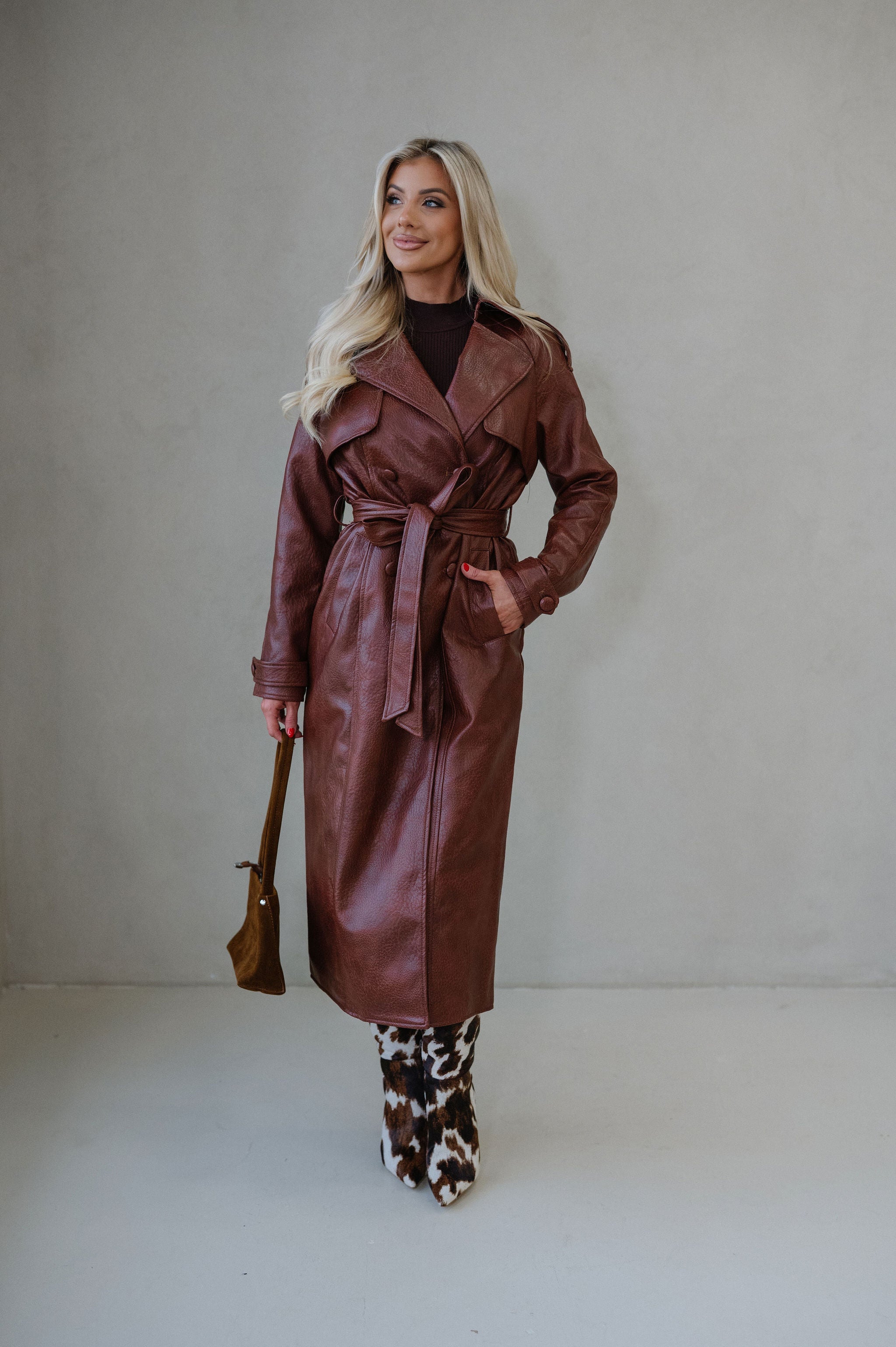 Camden Faux Leather Trench Coat-Rust Brown