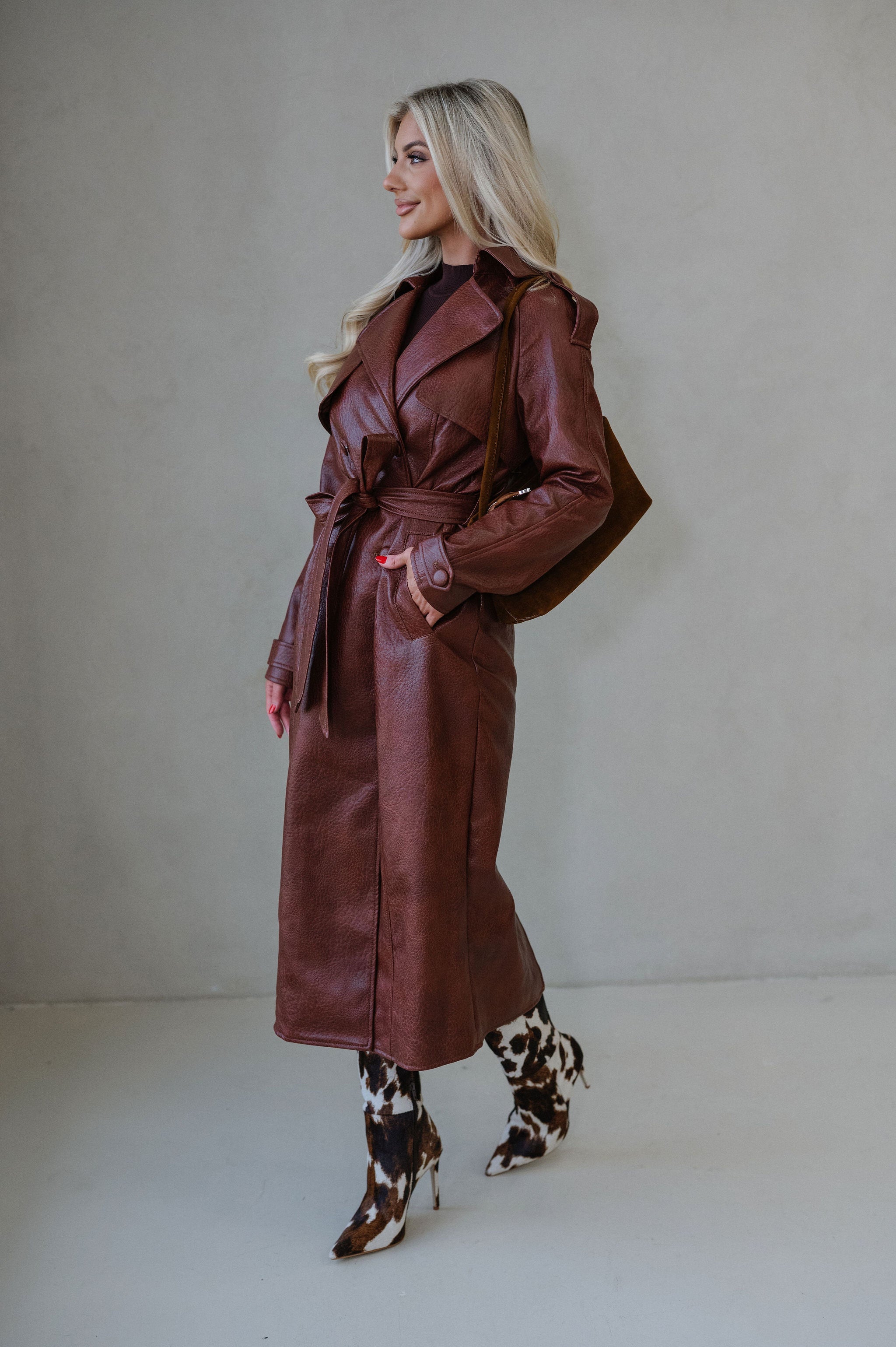 Camden Faux Leather Trench Coat-Rust Brown