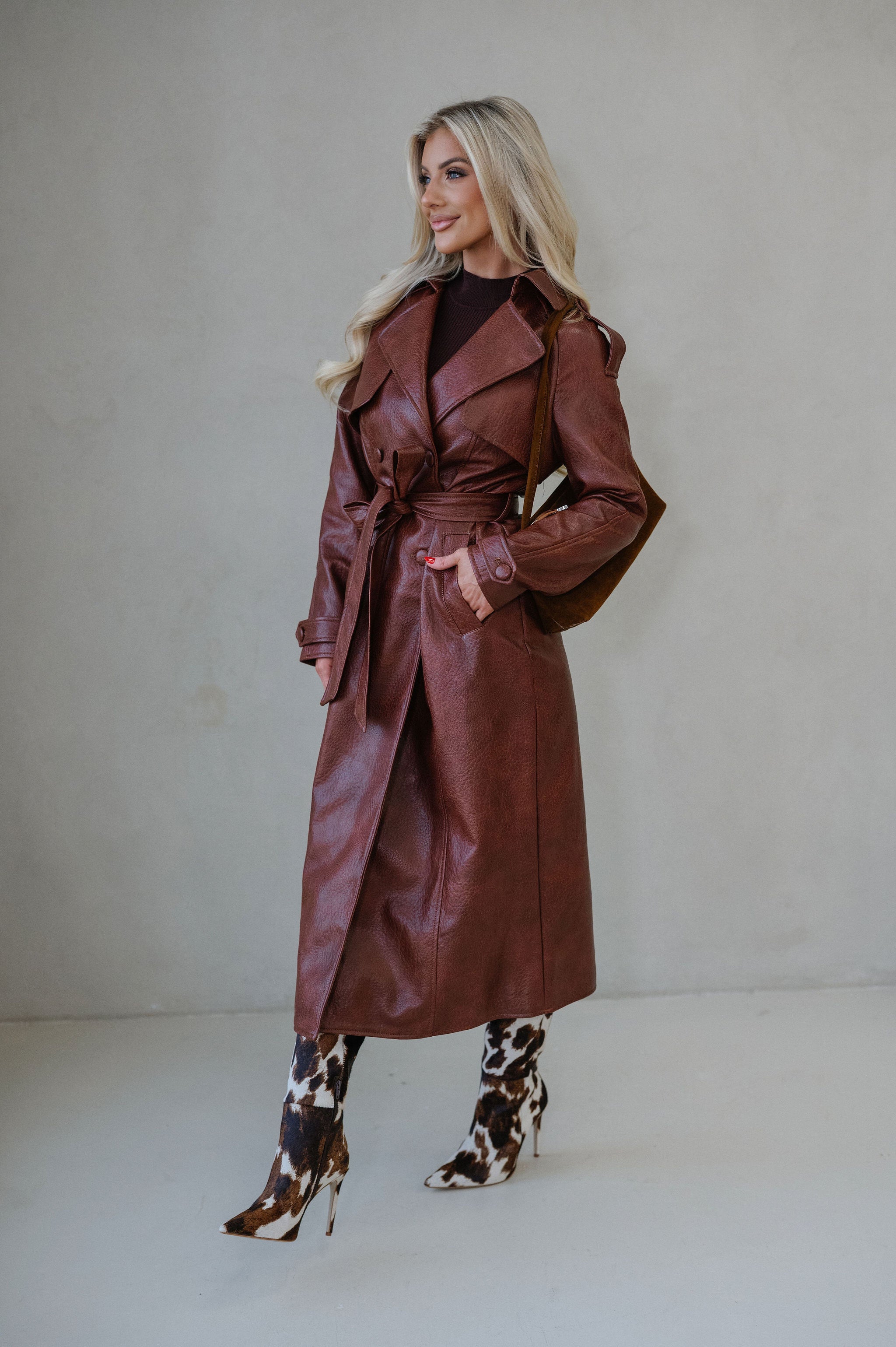Camden Faux Leather Trench Coat-Rust Brown