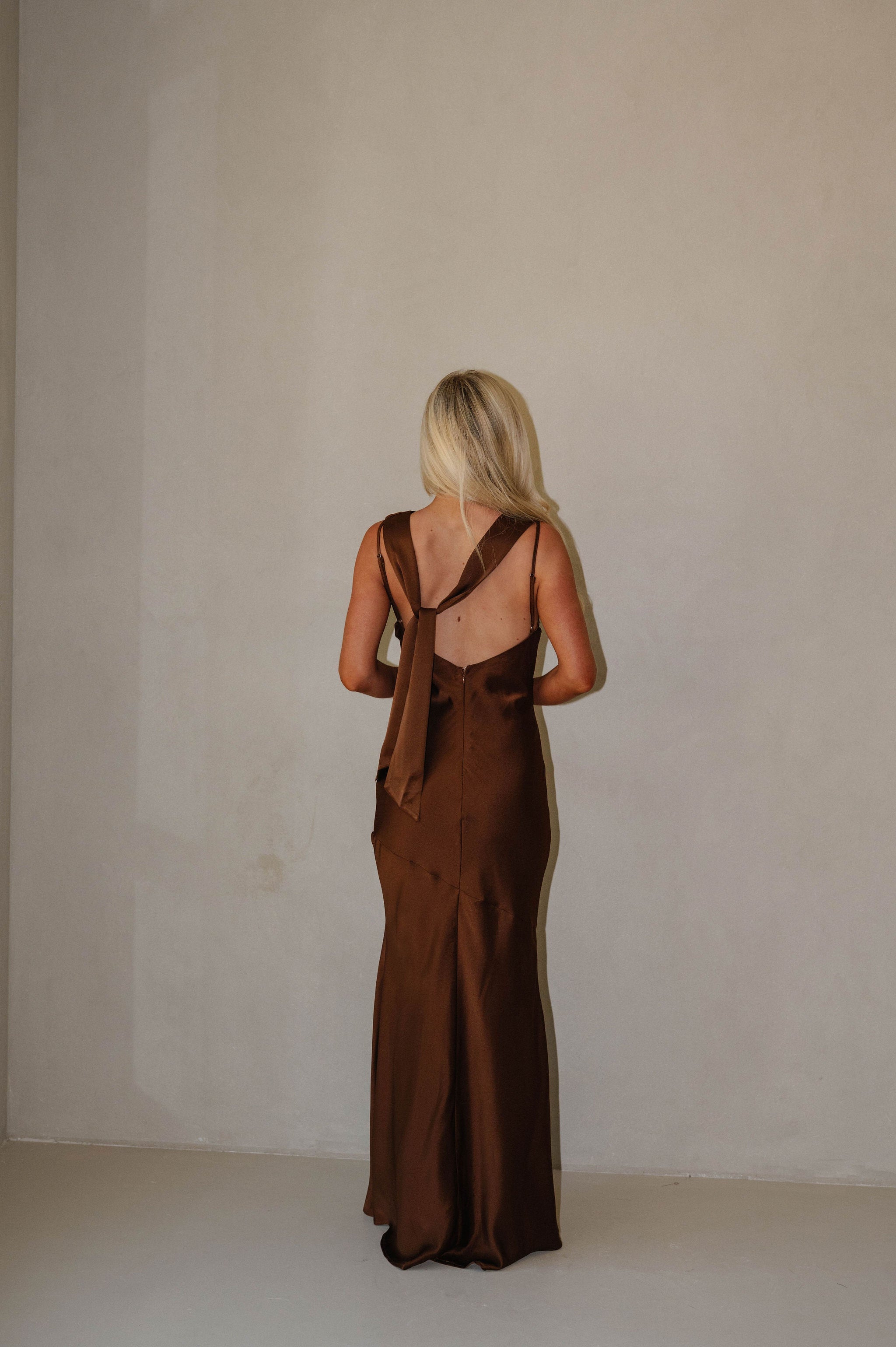 Jenny Cowl Satin Maxi Dress-Brown