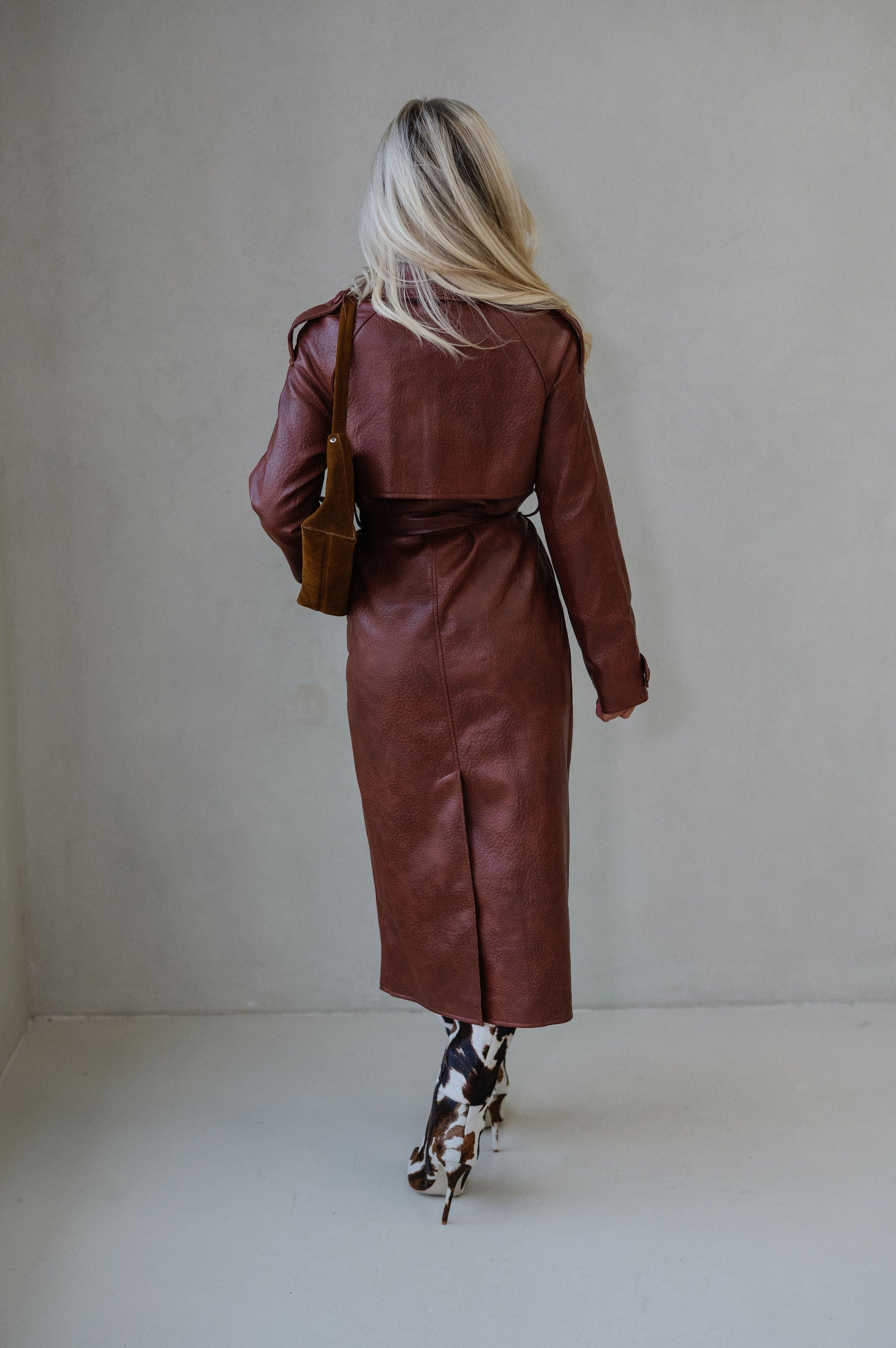 Camden Faux Leather Trench Coat-Rust Brown