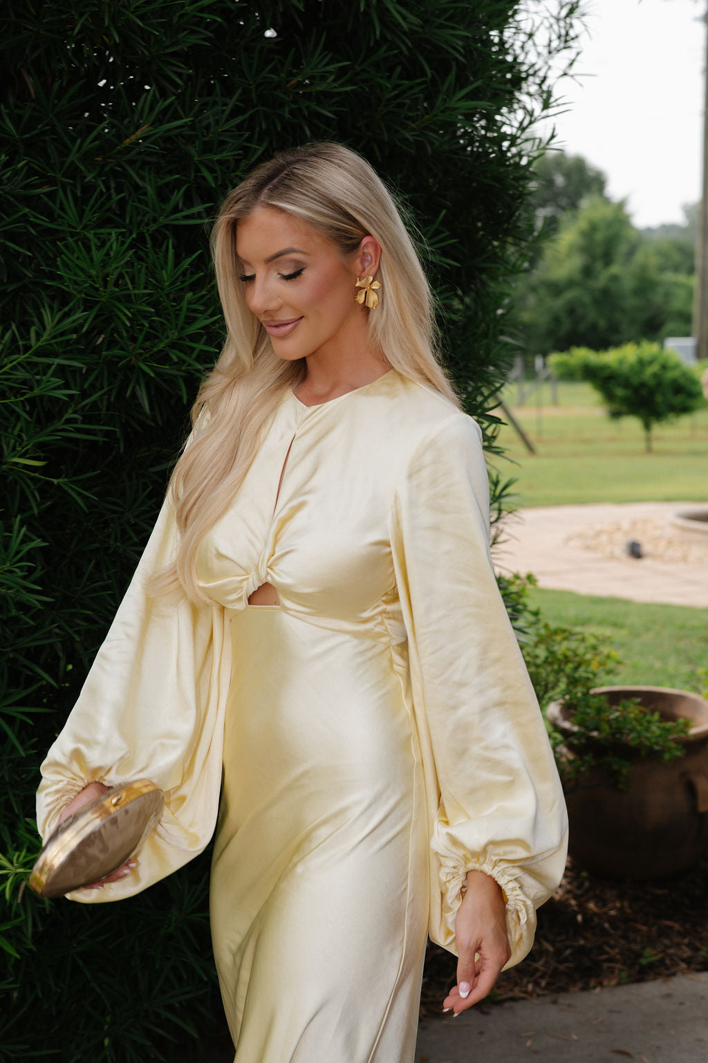 Knot Detail Balloon Sleeve Maxi Dress-Yellow