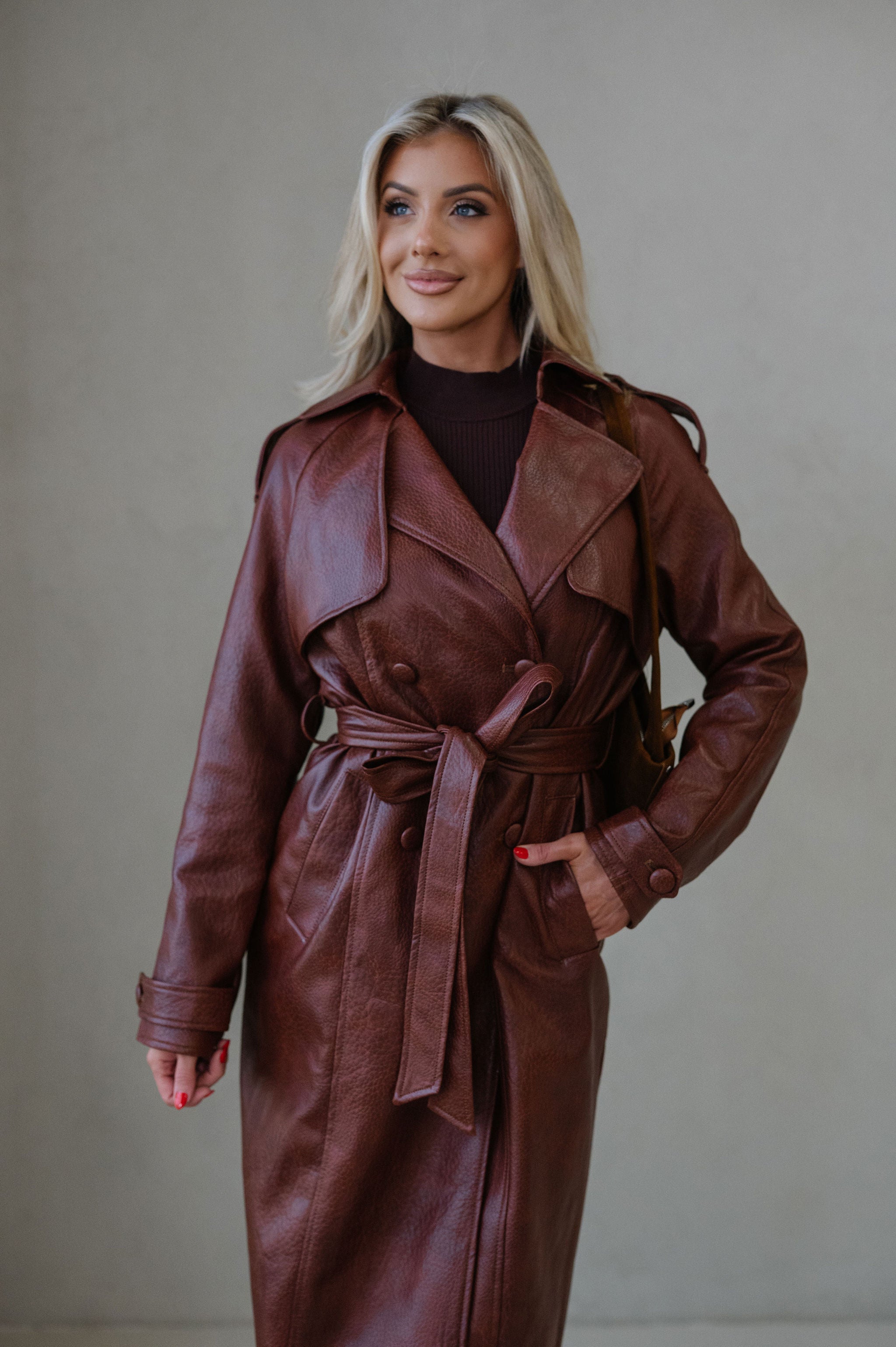 Camden Faux Leather Trench Coat-Rust Brown