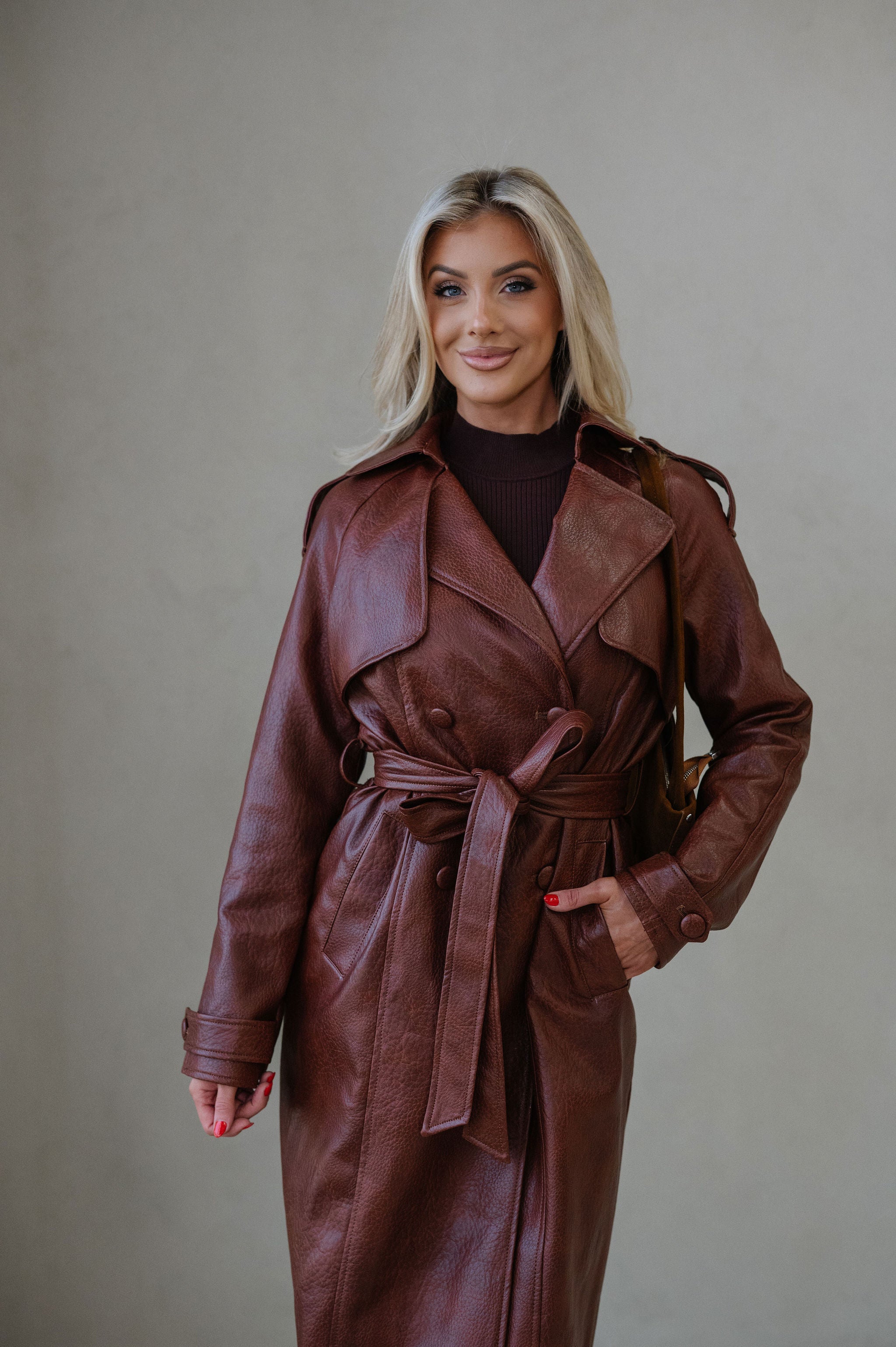 Camden Faux Leather Trench Coat-Rust Brown