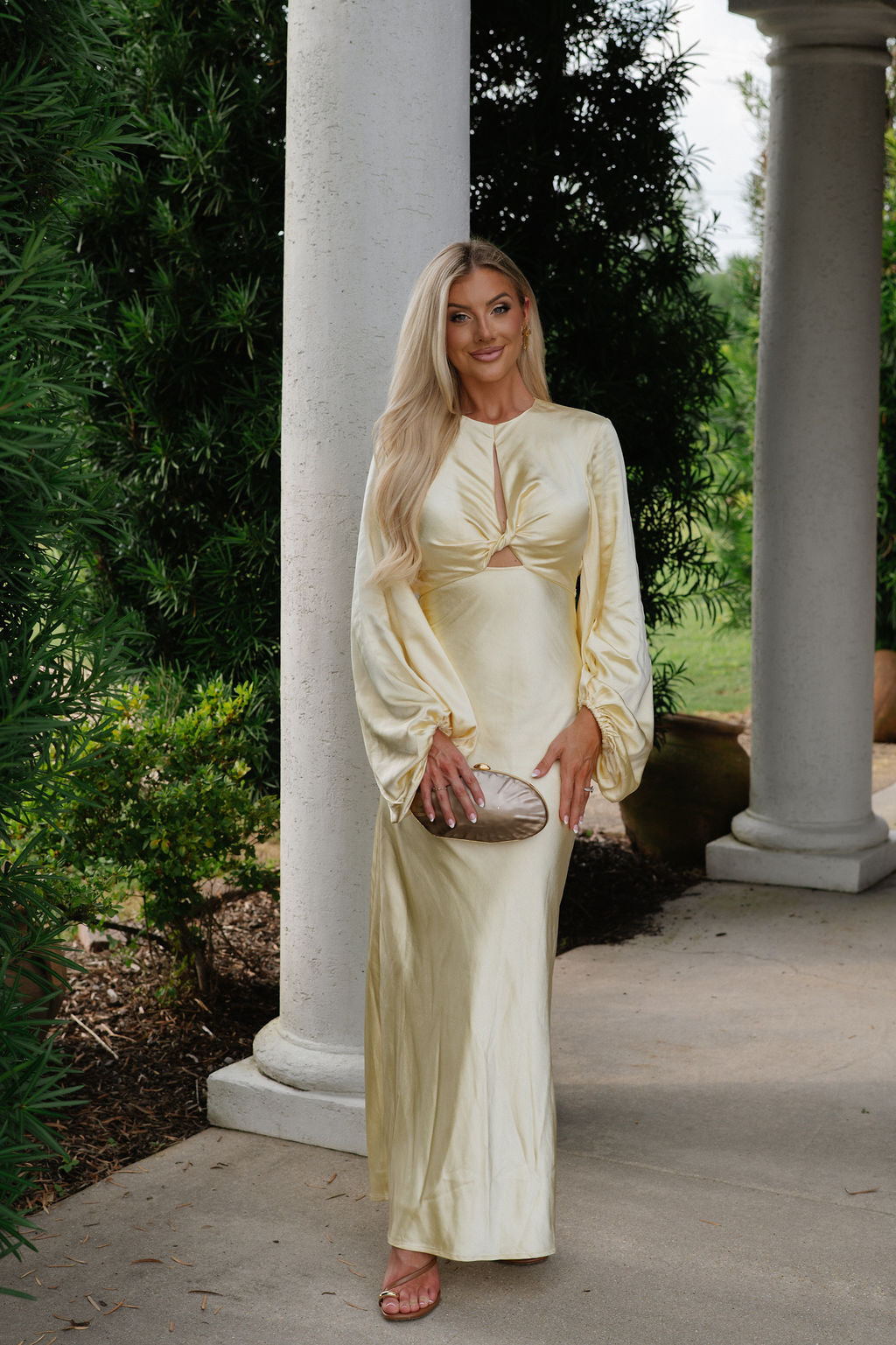 Knot Detail Balloon Sleeve Maxi Dress-Yellow