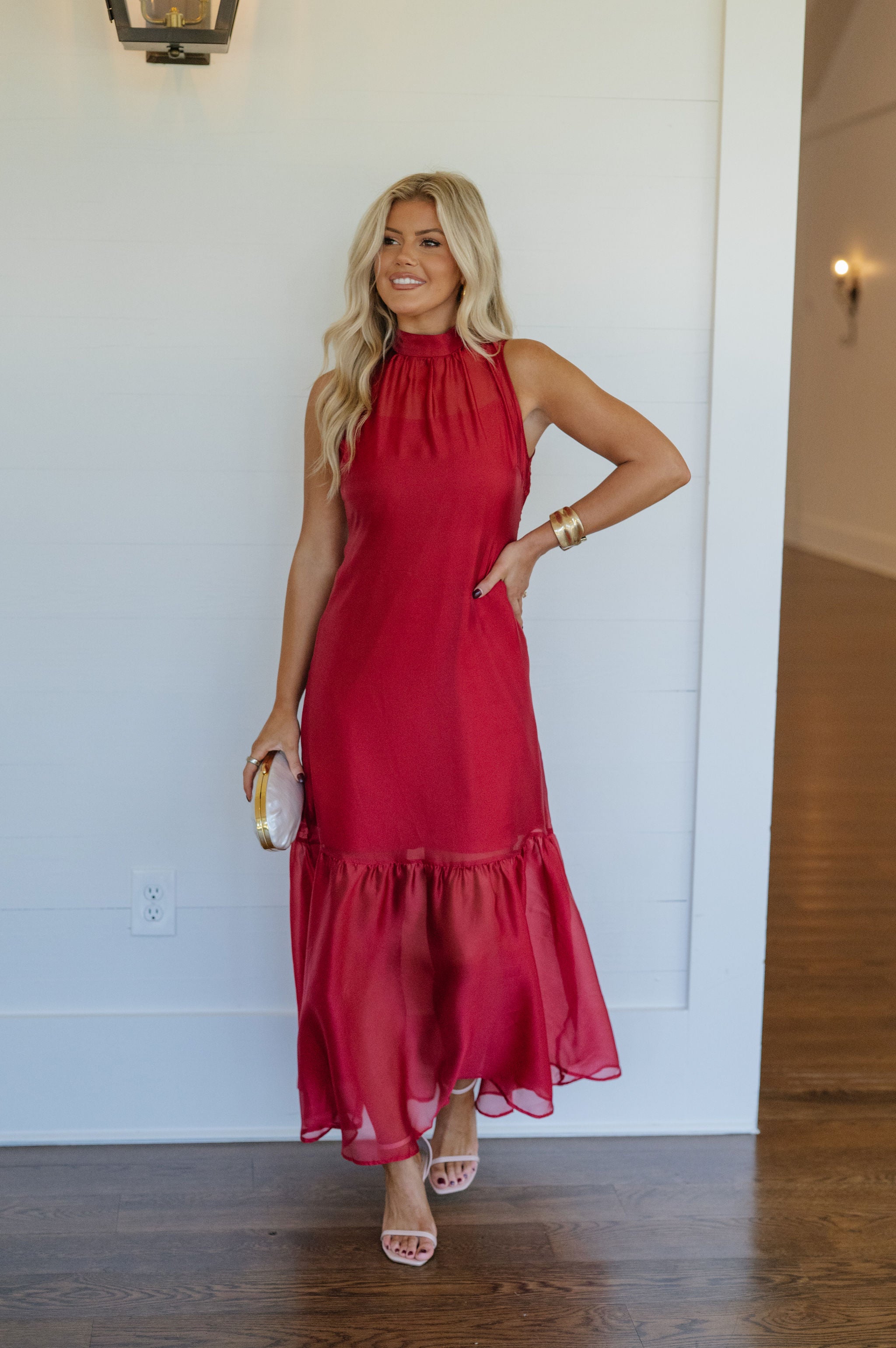 Sunnie Organza Mock Neck Maxi Dress-Deep Red