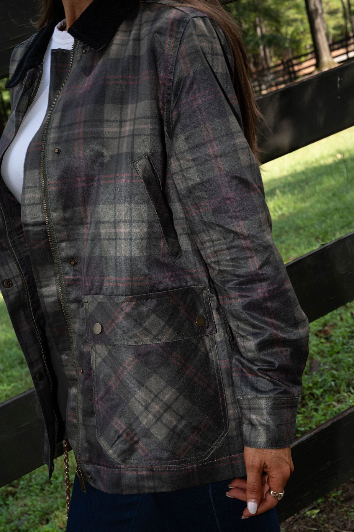 Lucy Plaid Barn Jacket-Olive