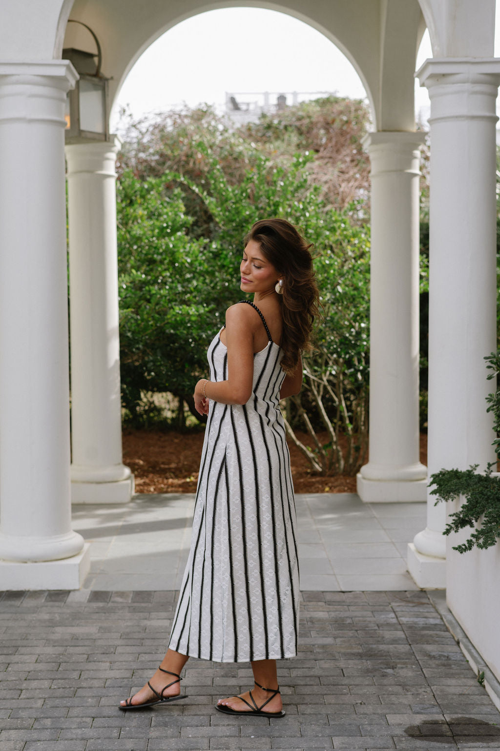 Beaded Strap Striped Maxi Dress