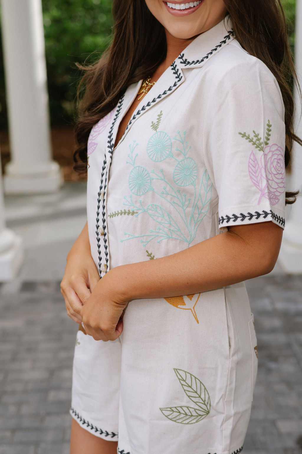 Button Down Embroidered Romper