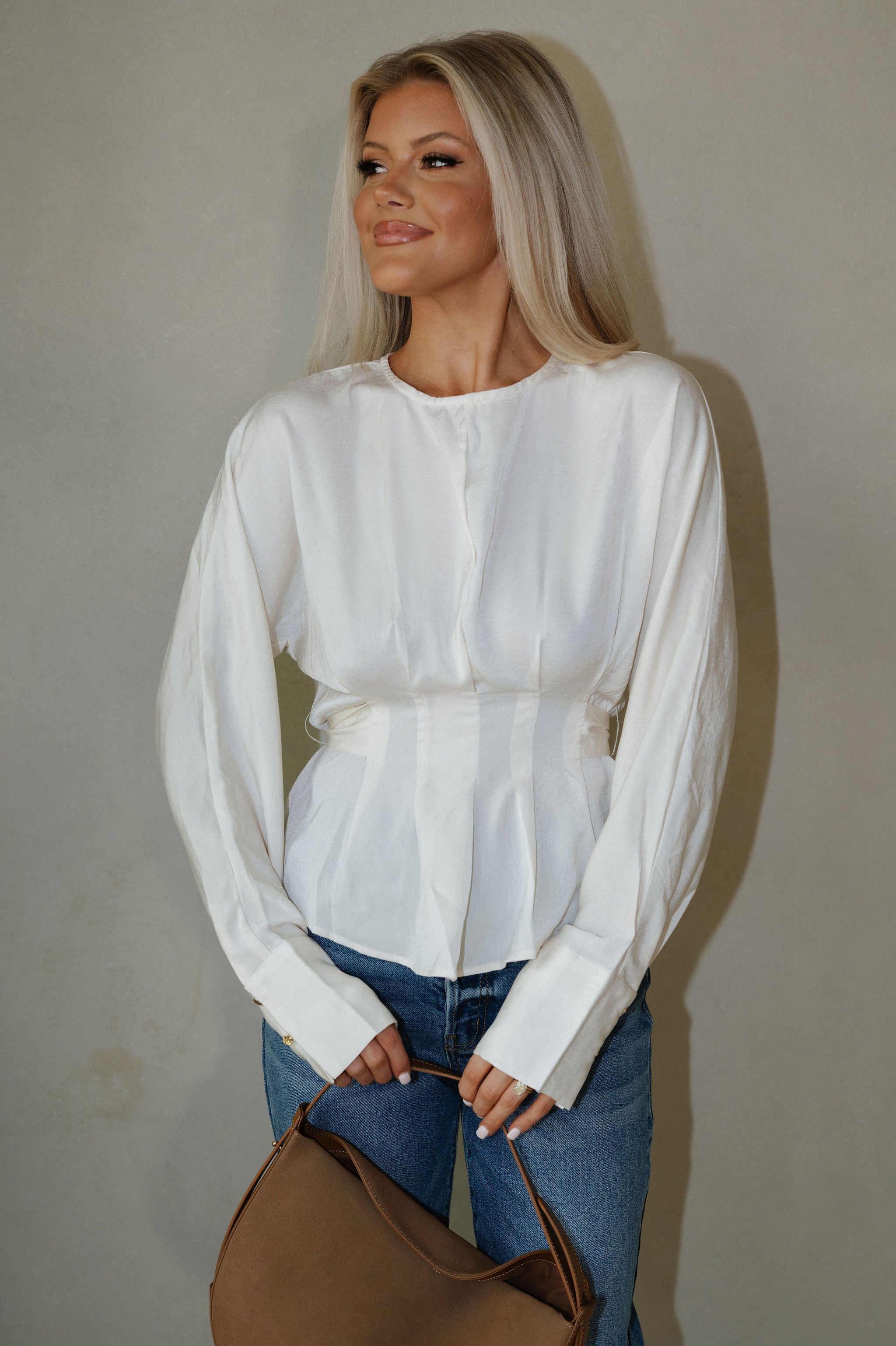 Pleated Tie Back Blouse-Cream