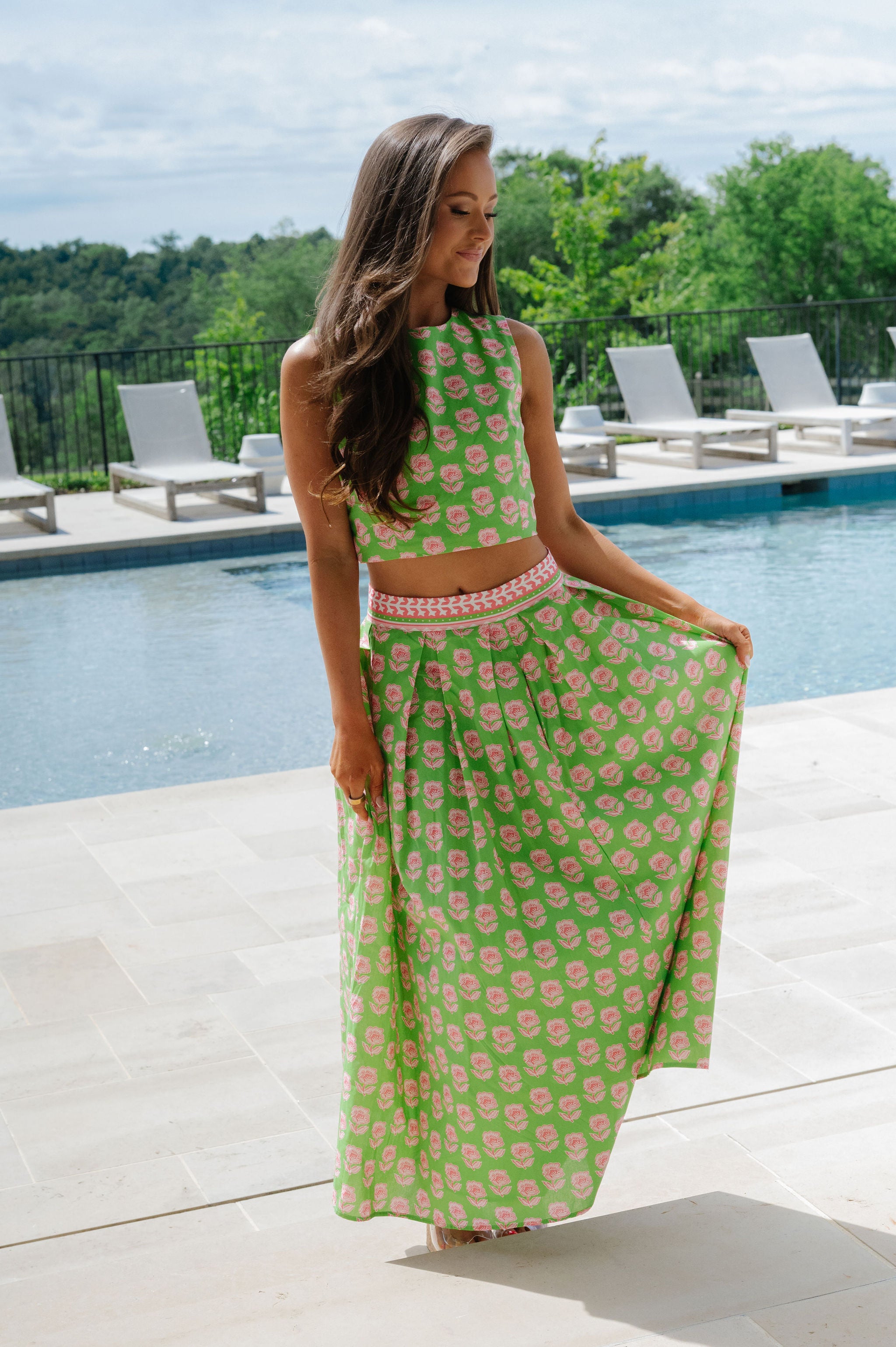 Meg Floral Midi Skirt Set-Green Multi