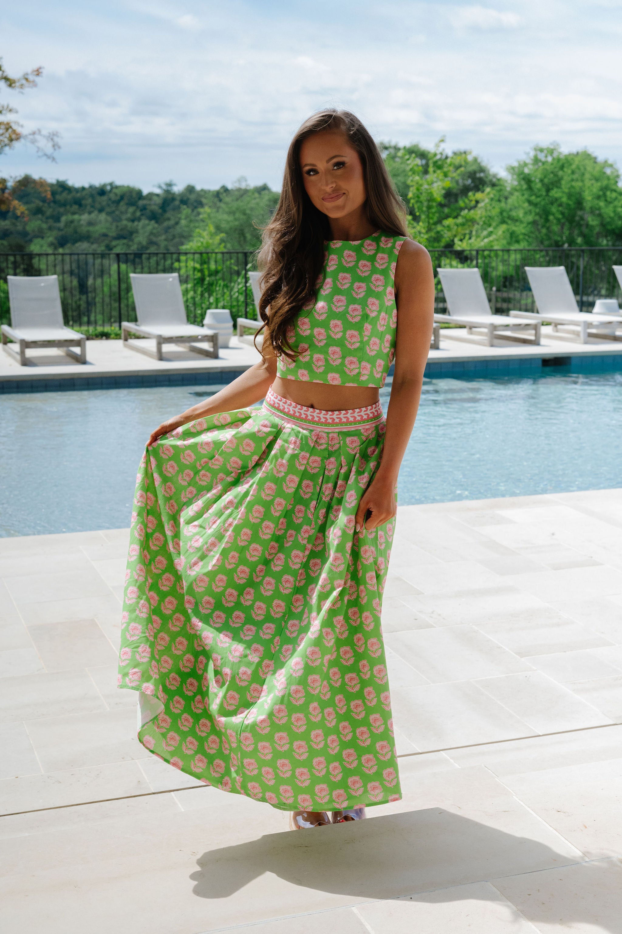 Meg Floral Midi Skirt Set-Green Multi