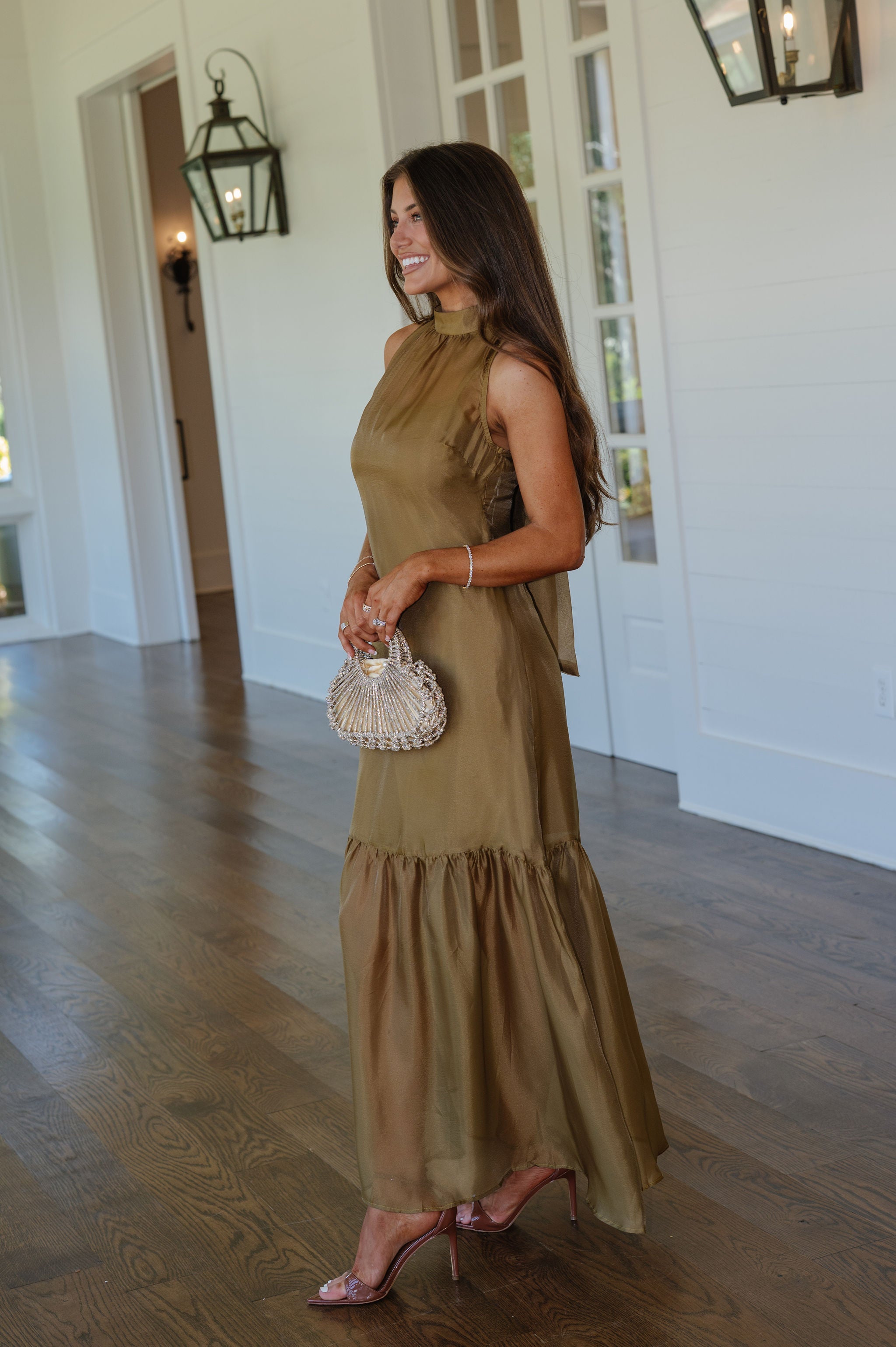 Sunnie Organza Mock Neck Maxi Dress-Olive