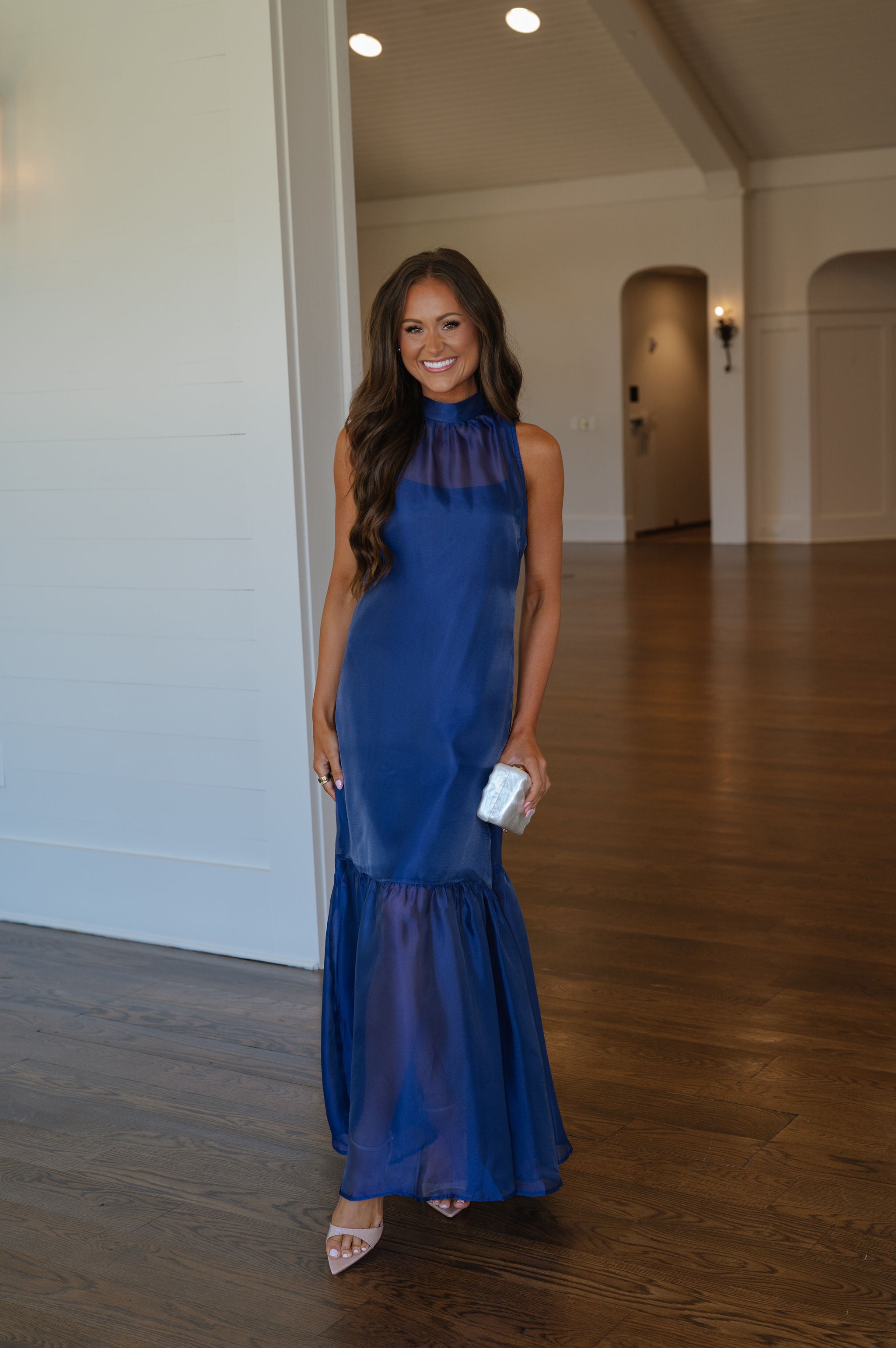 Sunnie Organza Mock Neck Maxi Dress-Navy