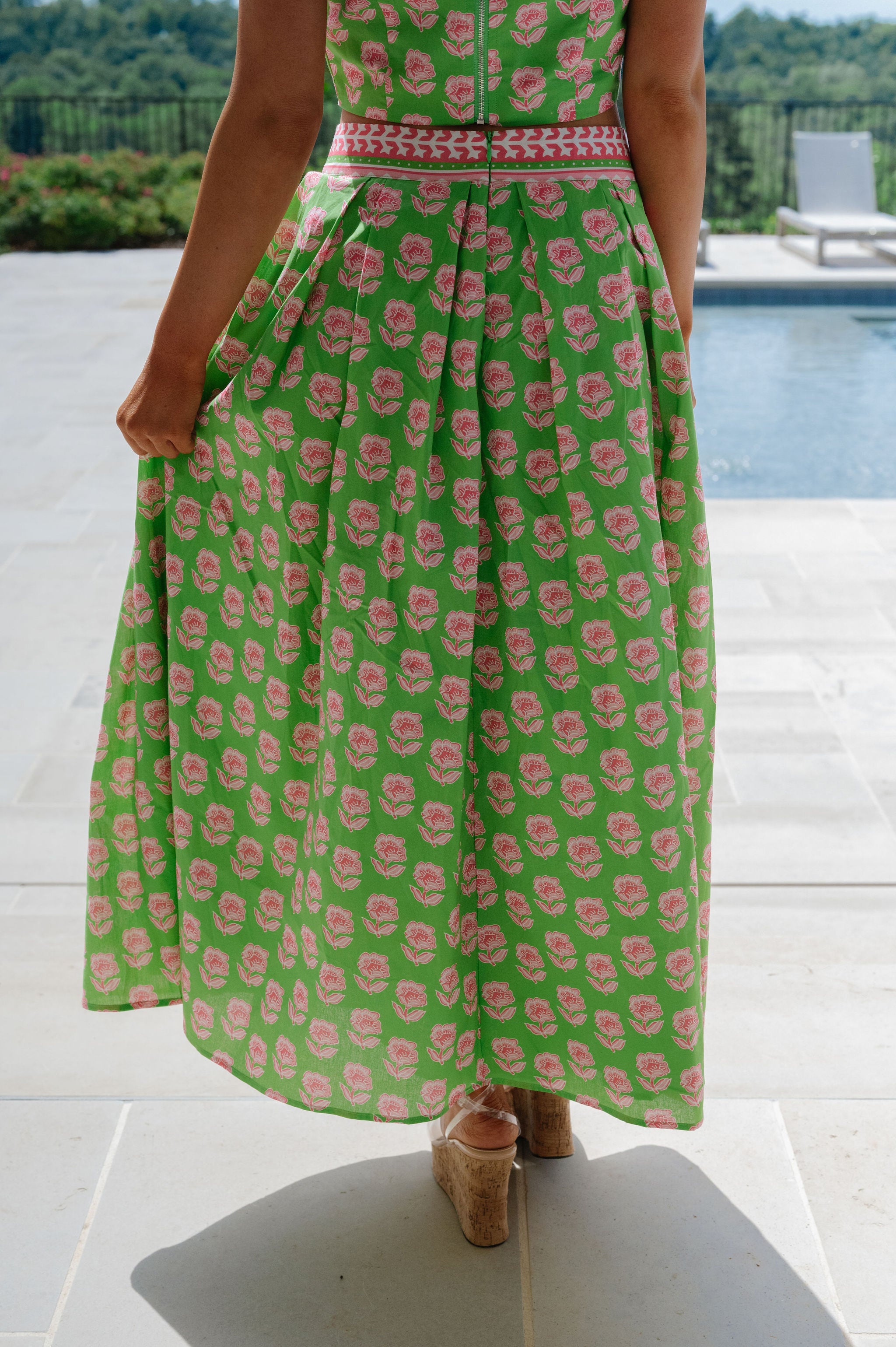 Meg Floral Midi Skirt Set-Green Multi