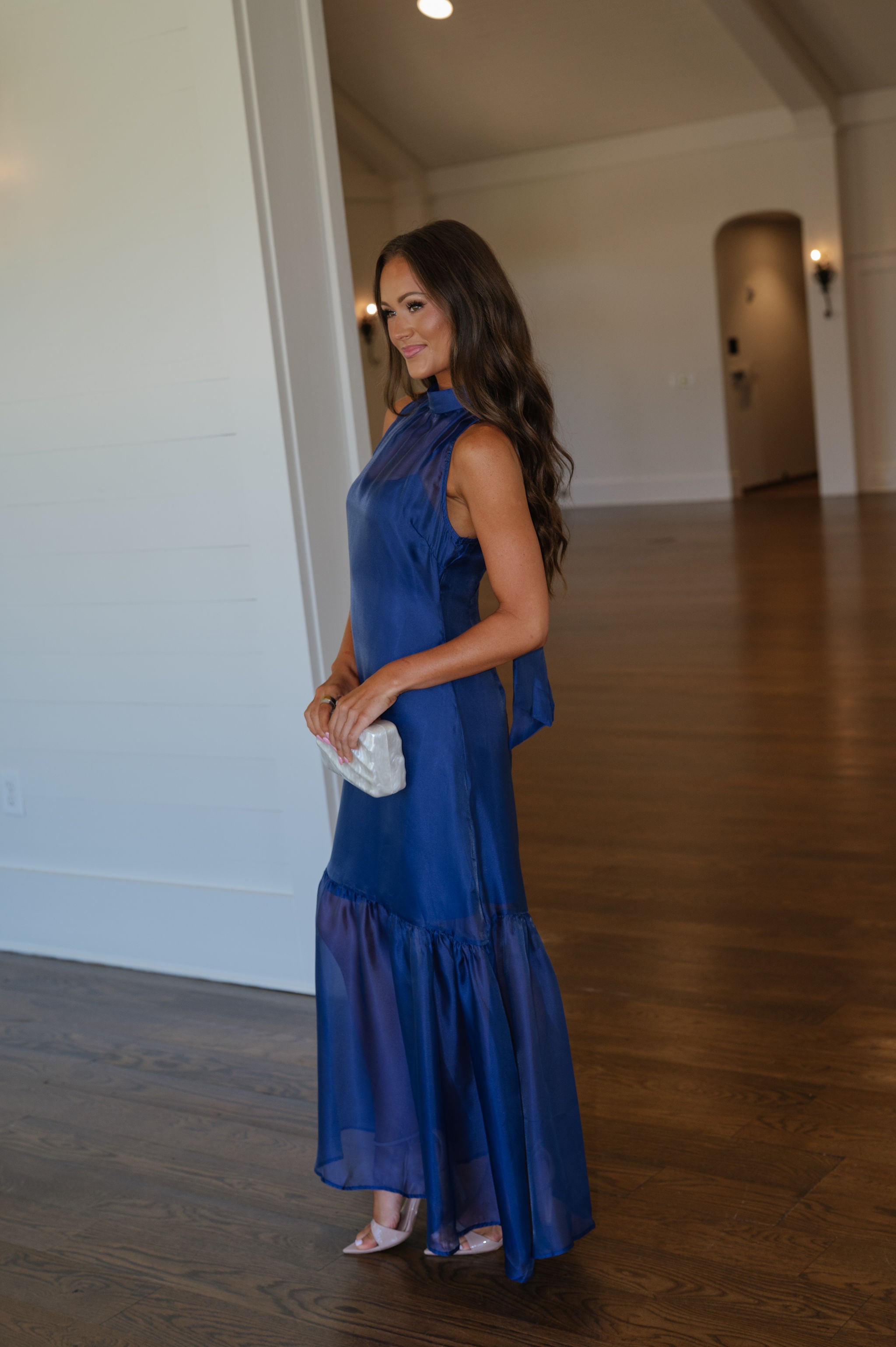 Sunnie Organza Mock Neck Maxi Dress-Navy