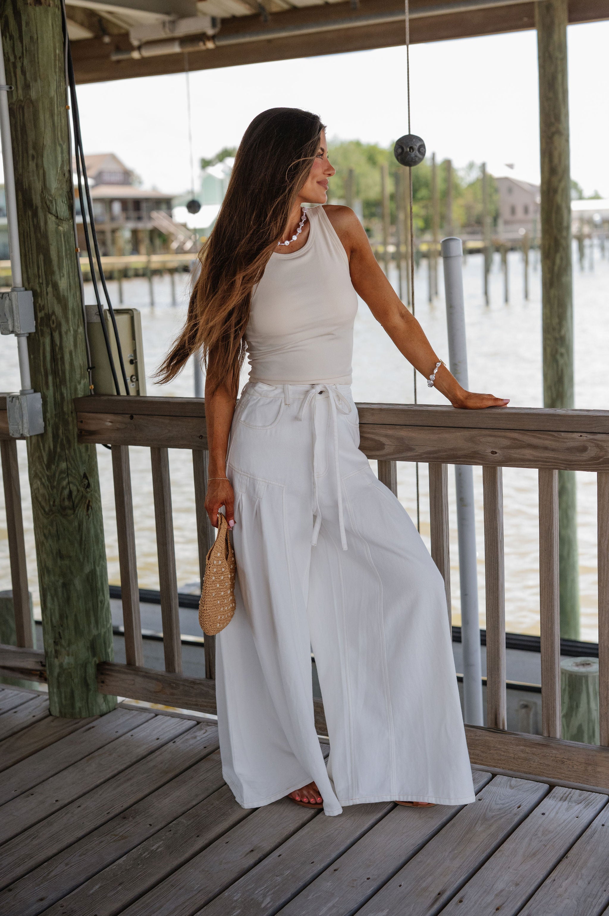 Wide Leg Waist Tie Jeans-Off White
