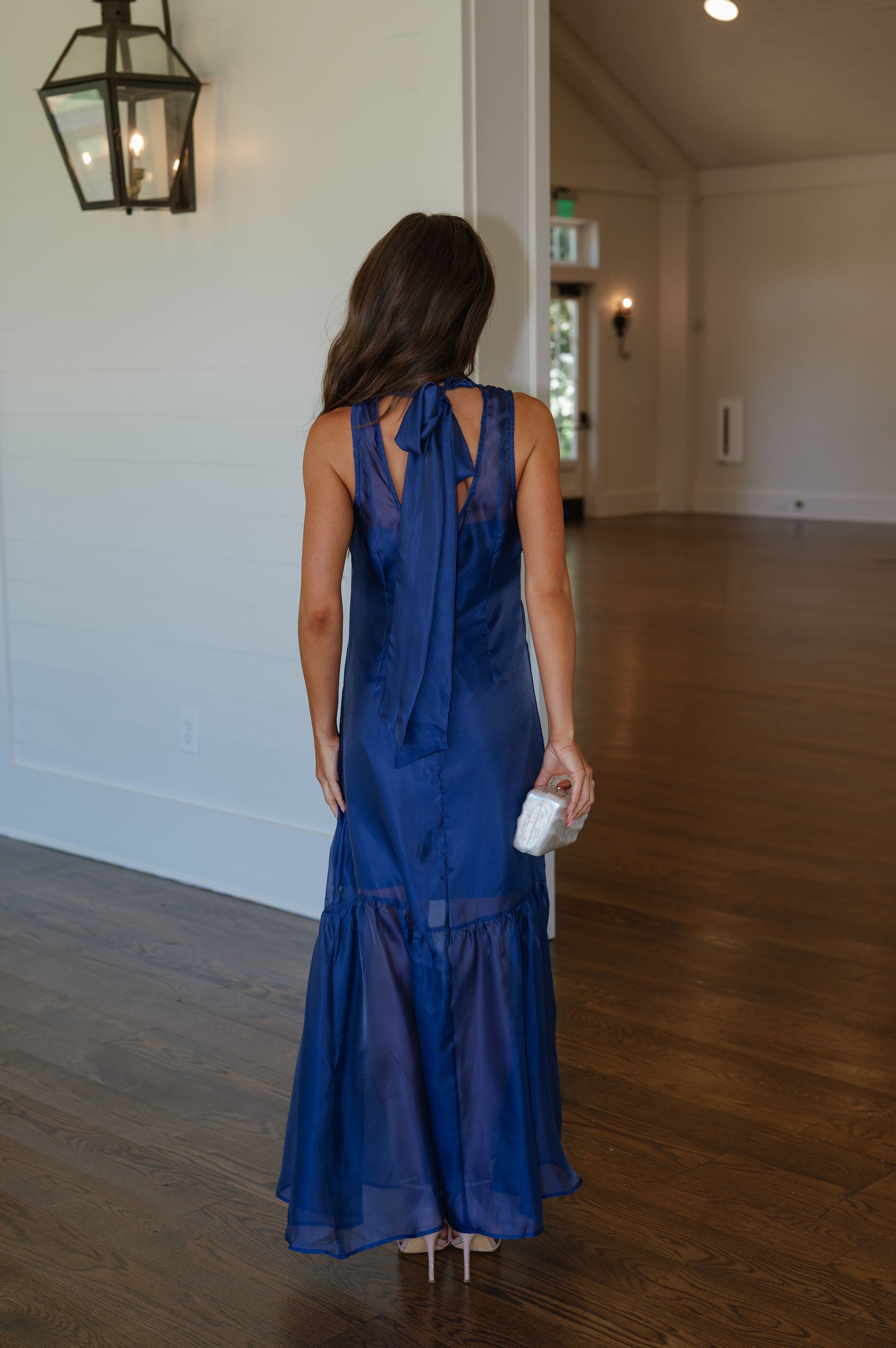 Sunnie Organza Mock Neck Maxi Dress-Navy