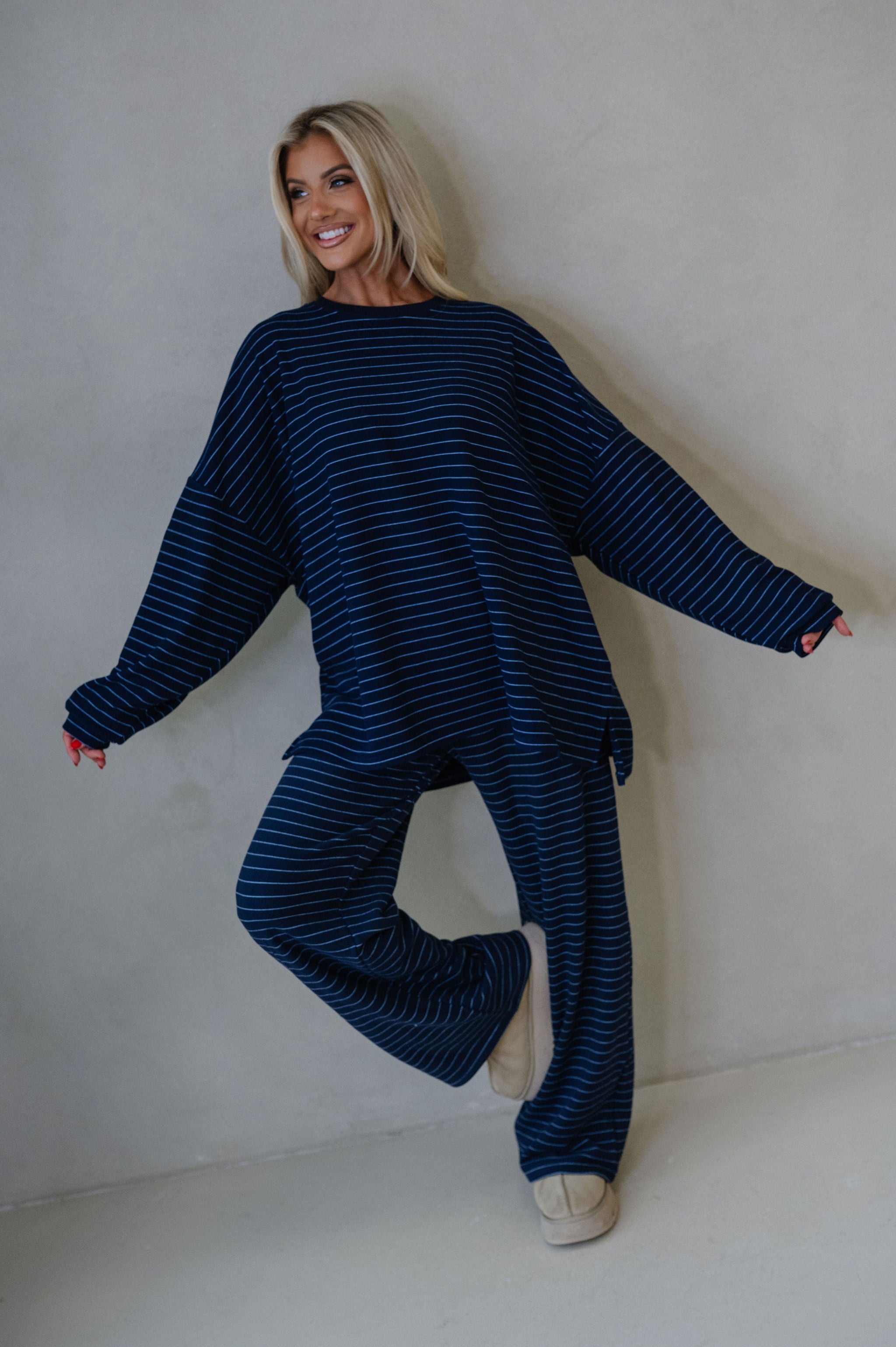 Hattie Striped Pants-Navy