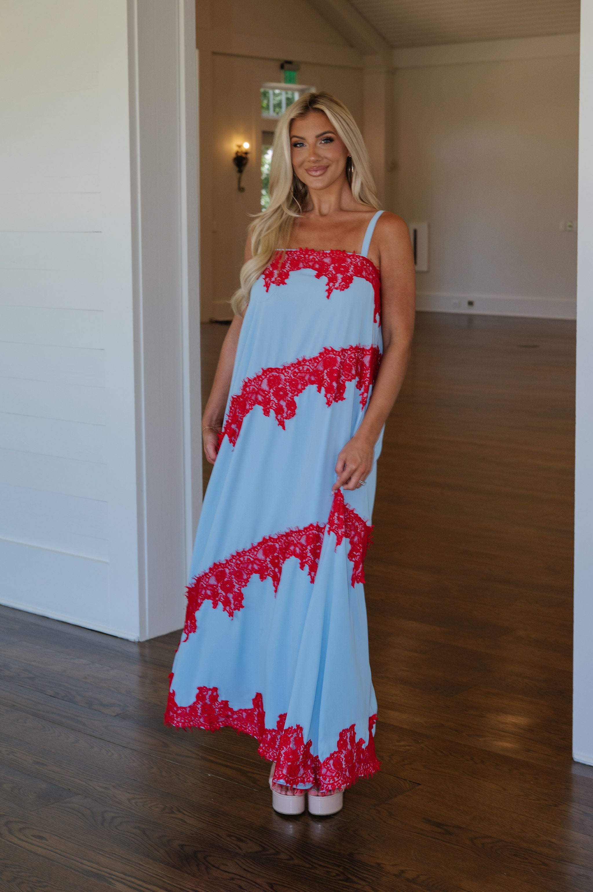 Stephanie Contrast Lace Trim Detail Maxi Dress-Blue