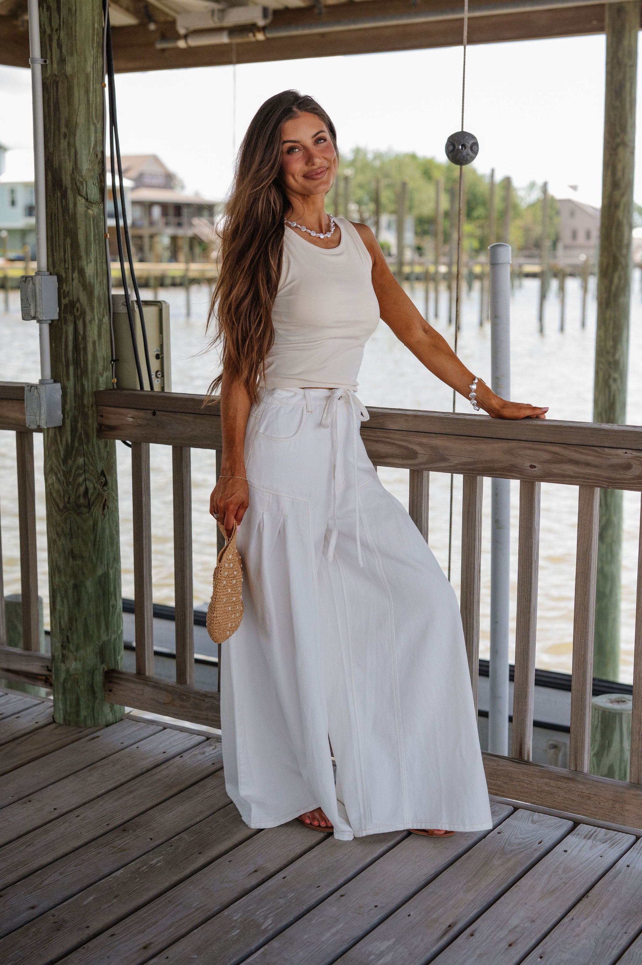 Wide Leg Waist Tie Jeans-Off White