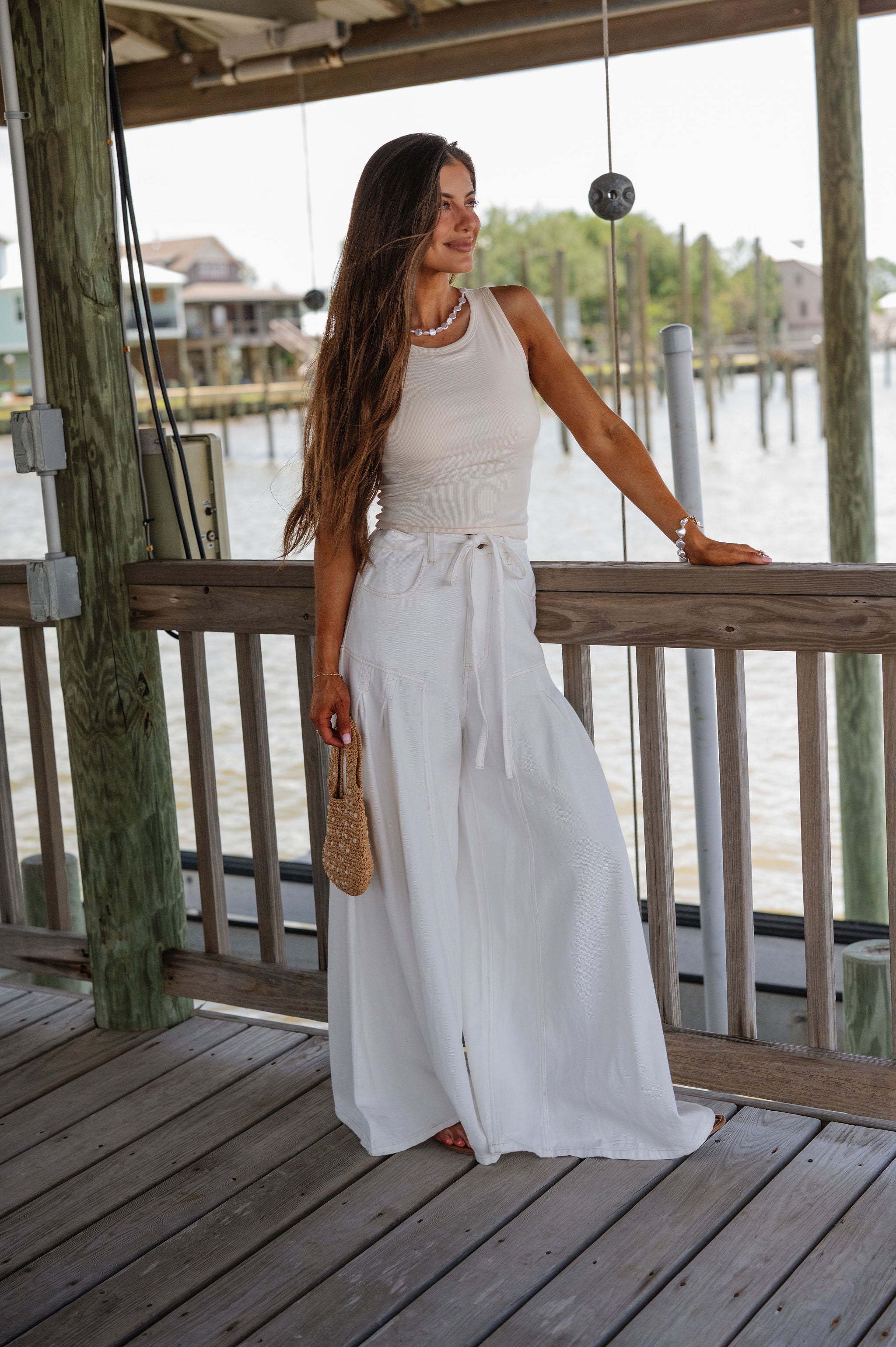 Wide Leg Waist Tie Jeans-Off White