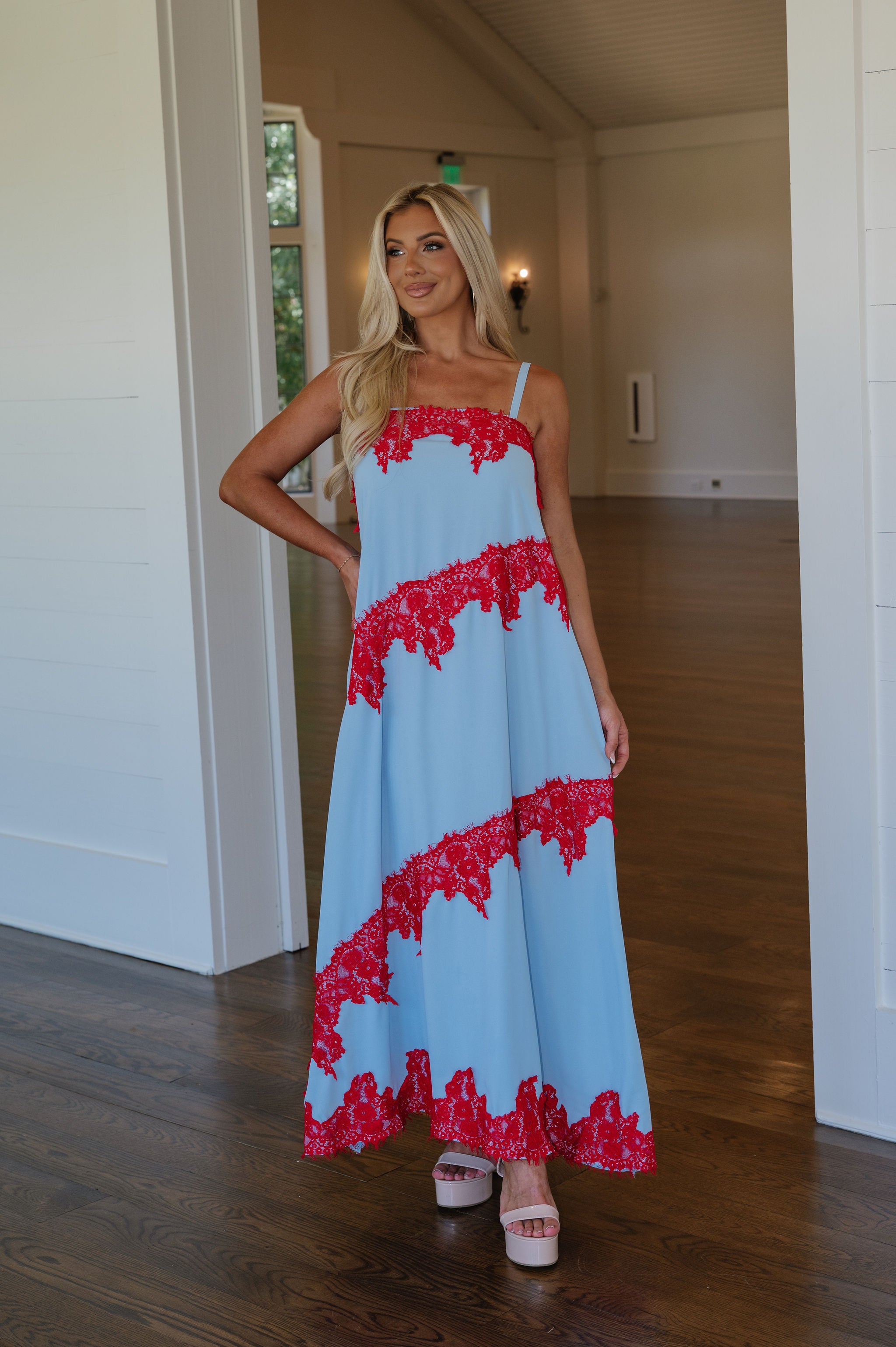 Stephanie Contrast Lace Trim Detail Maxi Dress-Blue
