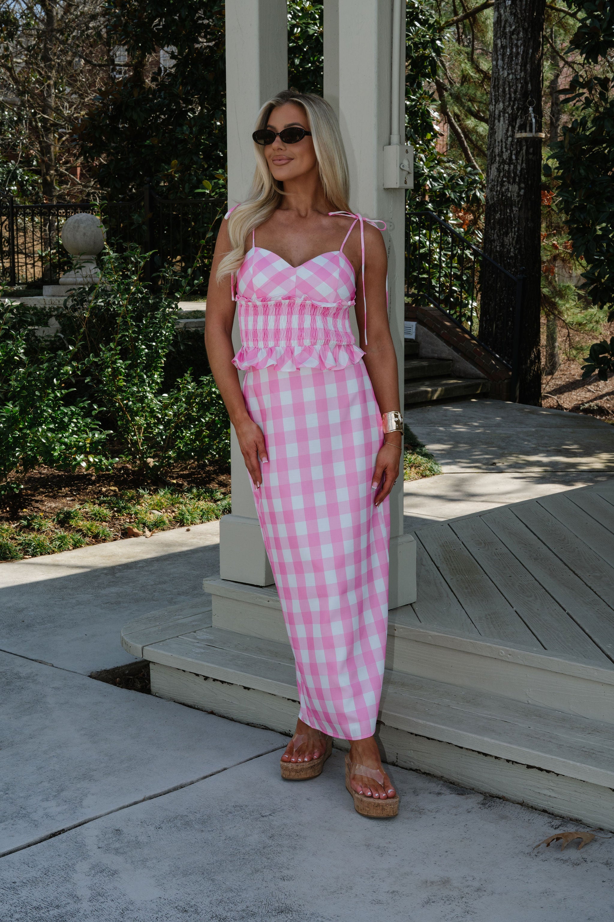 Collier Gingham Skirt Set-Pink/White