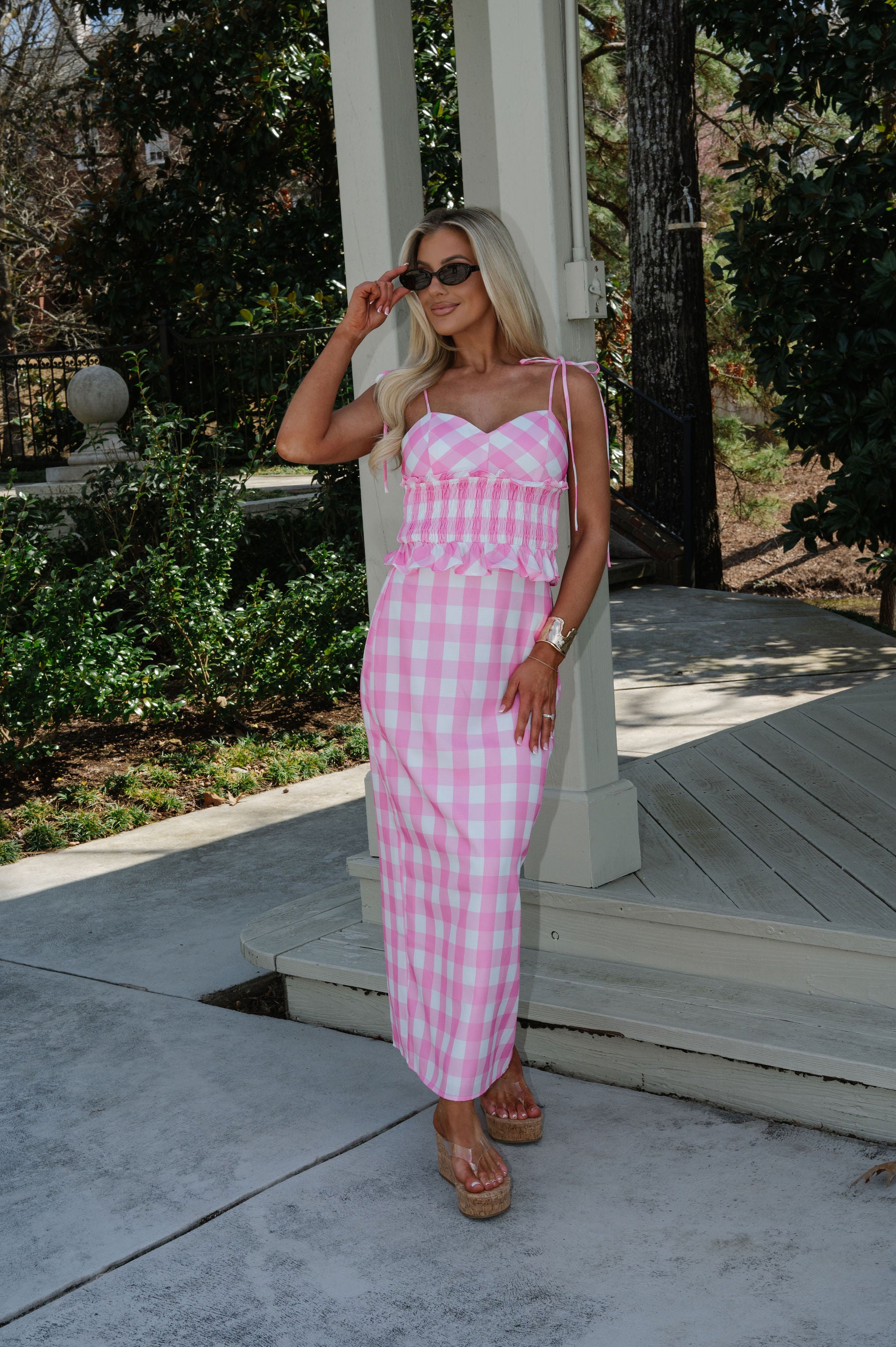 Collier Gingham Skirt Set-Pink/White