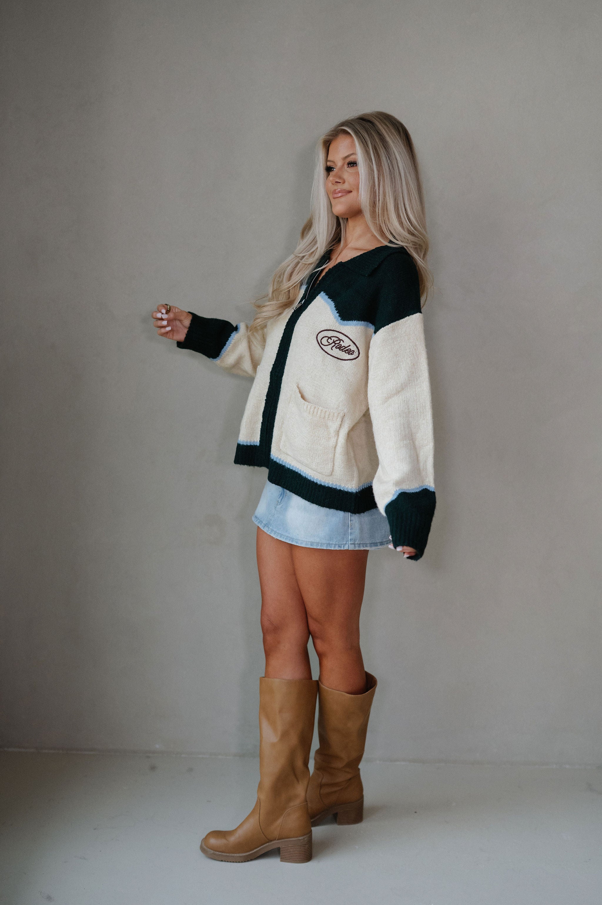 Rodeo Embroidered Graphic Zip Cardigan-Butter