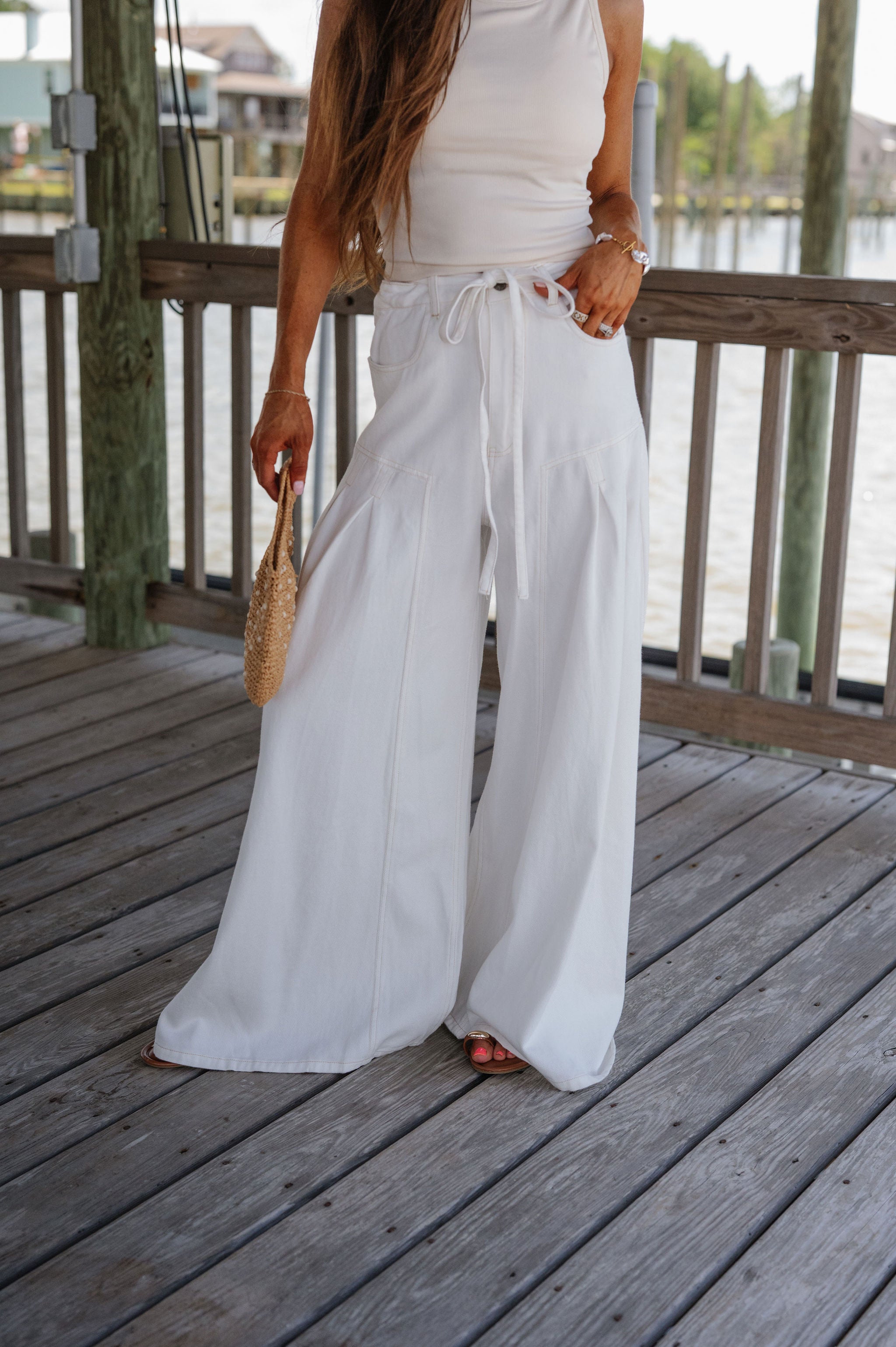 Wide Leg Waist Tie Jeans-Off White