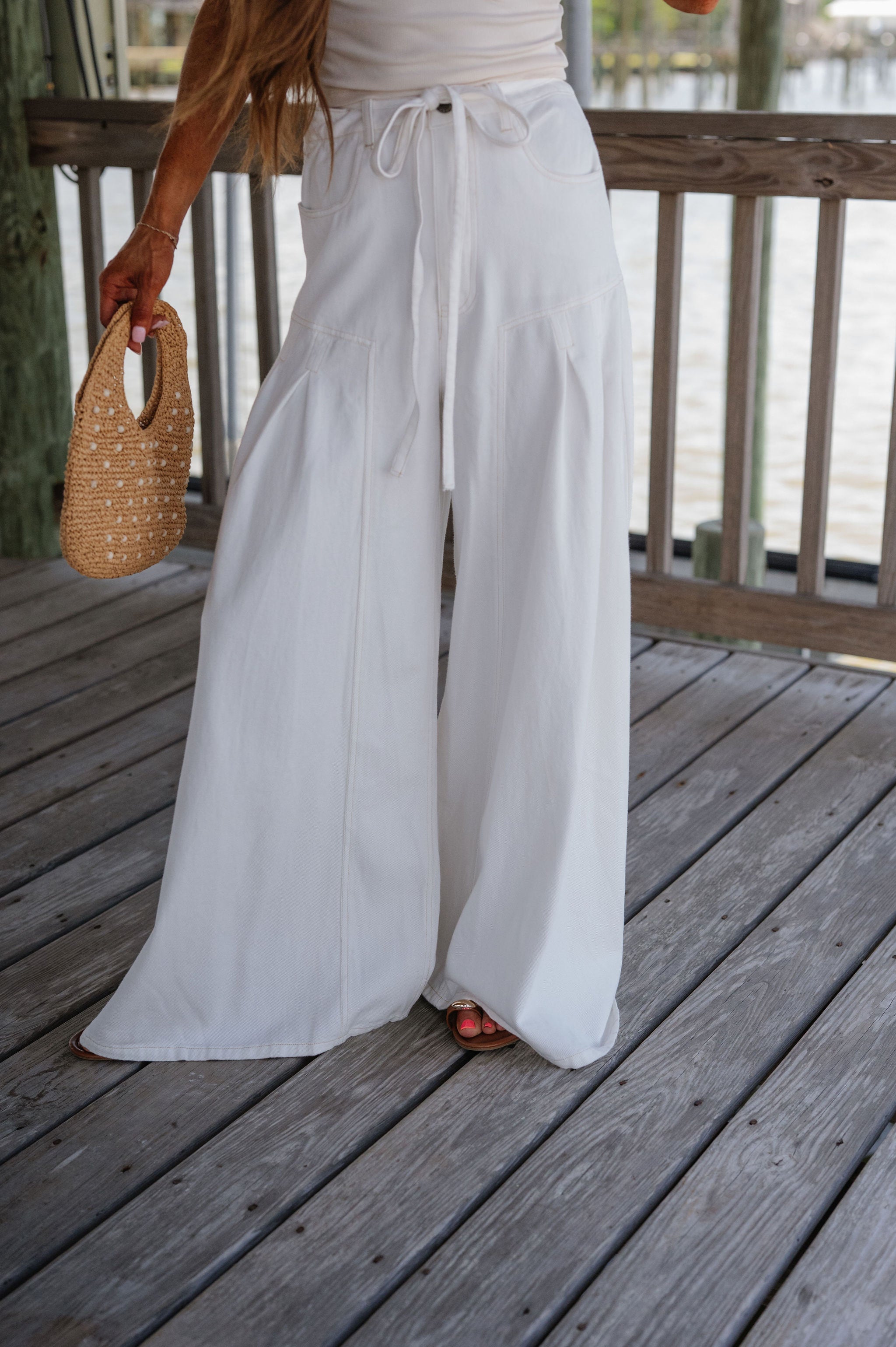 Wide Leg Waist Tie Jeans-Off White