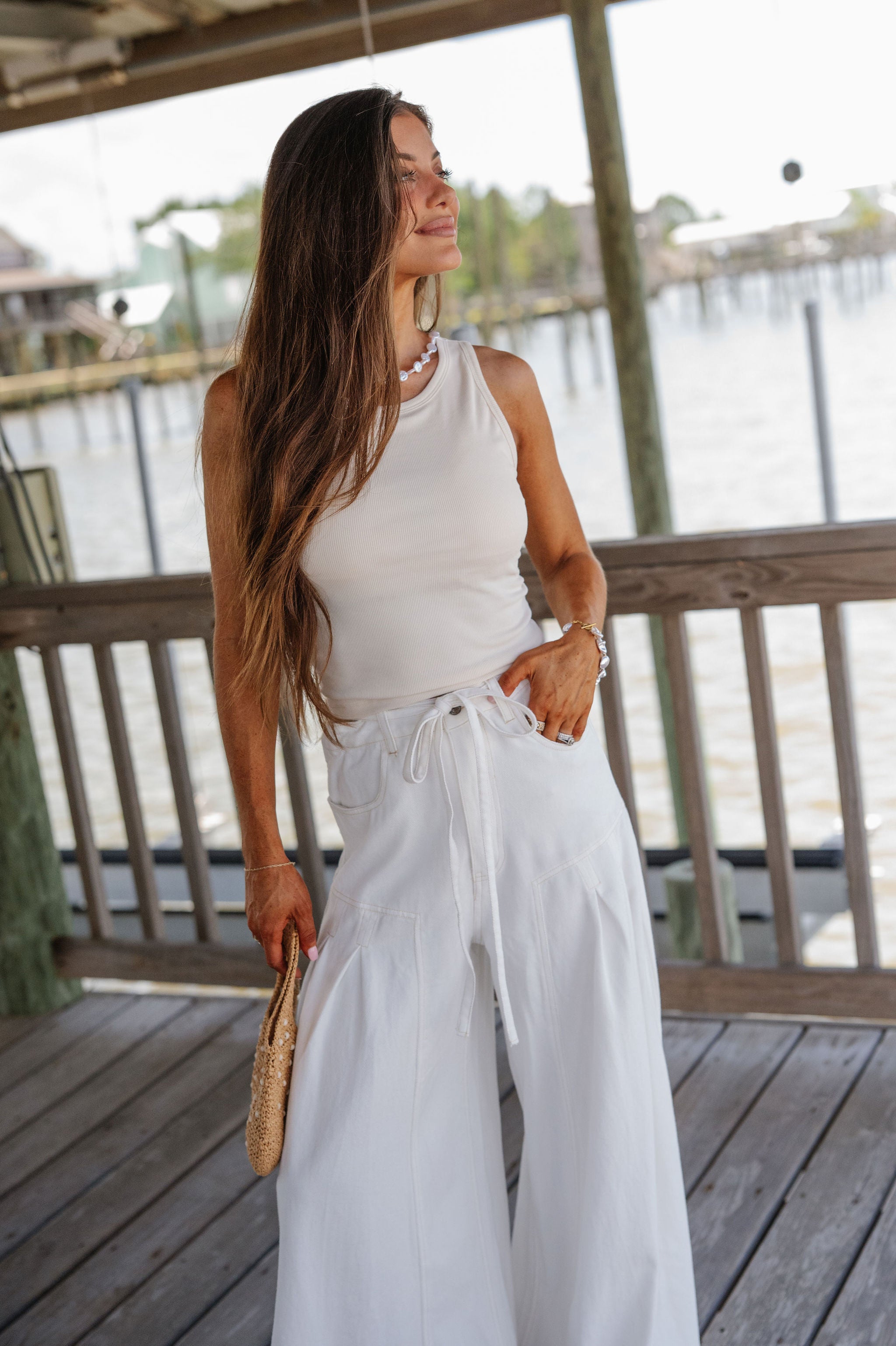 Wide Leg Waist Tie Jeans-Off White