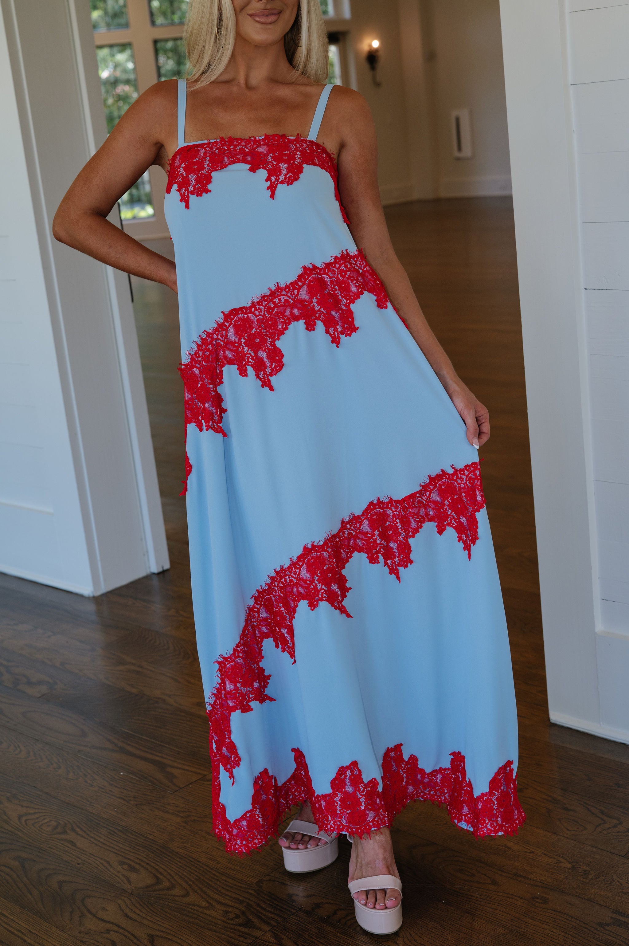 Stephanie Contrast Lace Trim Detail Maxi Dress-Blue