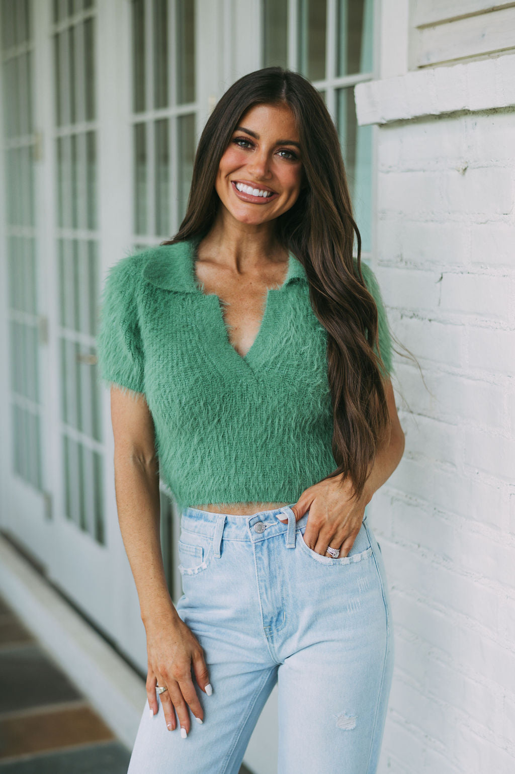 Fuzzy Collared Cropped Sweater-Green