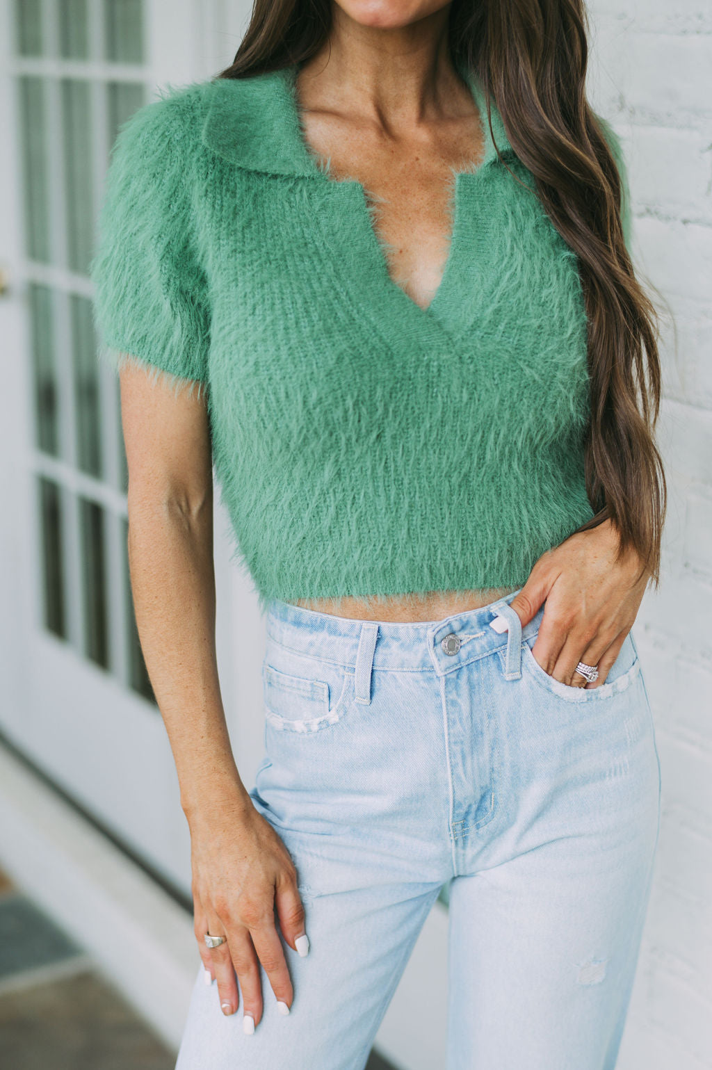 Fuzzy Collared Cropped Sweater-Green