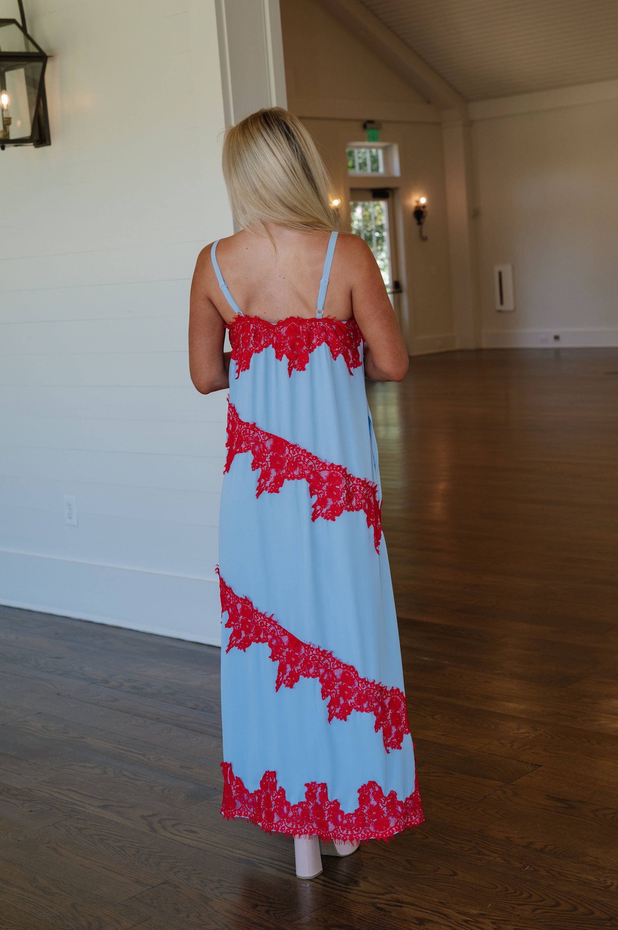 Stephanie Contrast Lace Trim Detail Maxi Dress-Blue