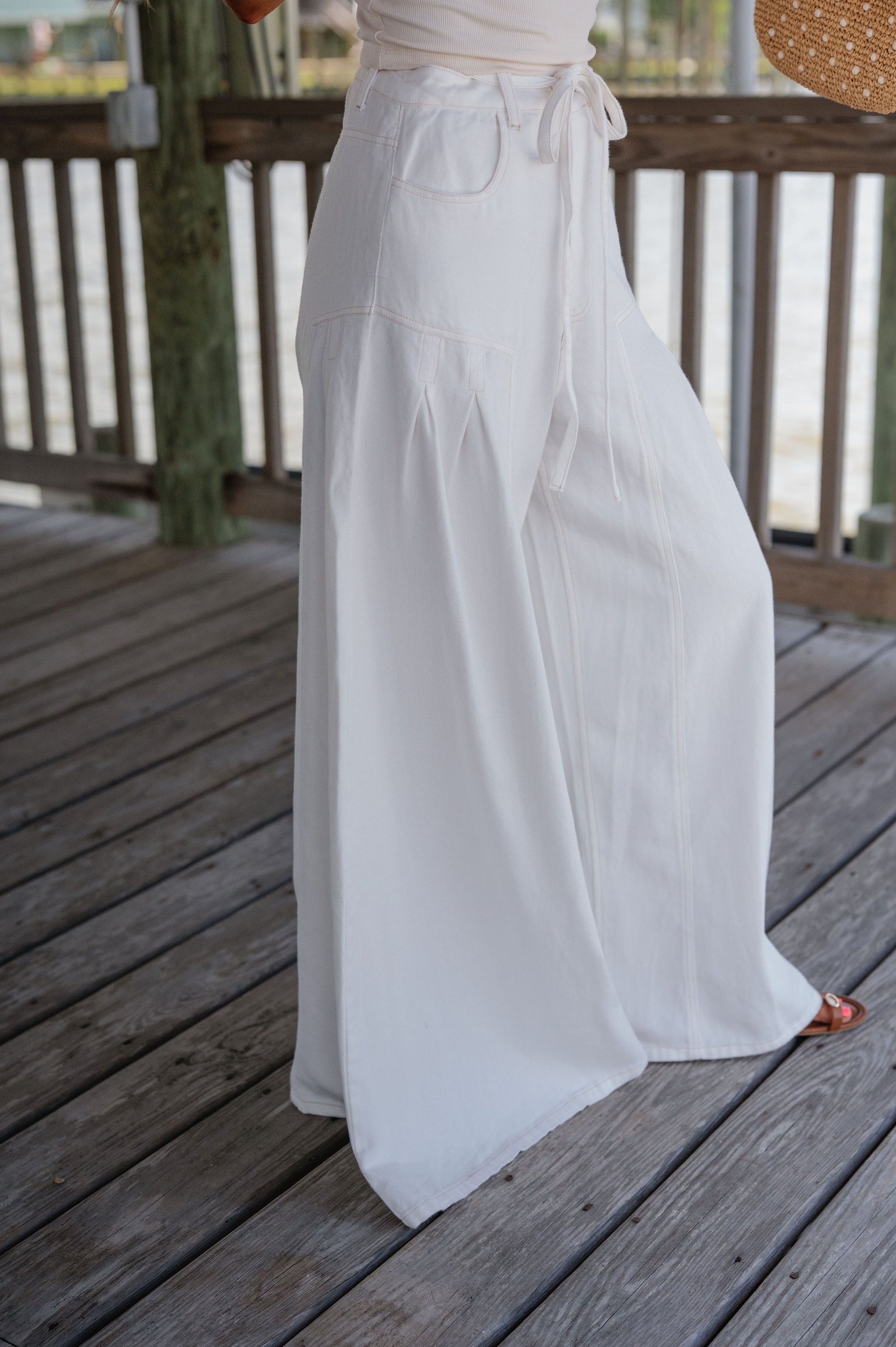 Wide Leg Waist Tie Jeans-Off White