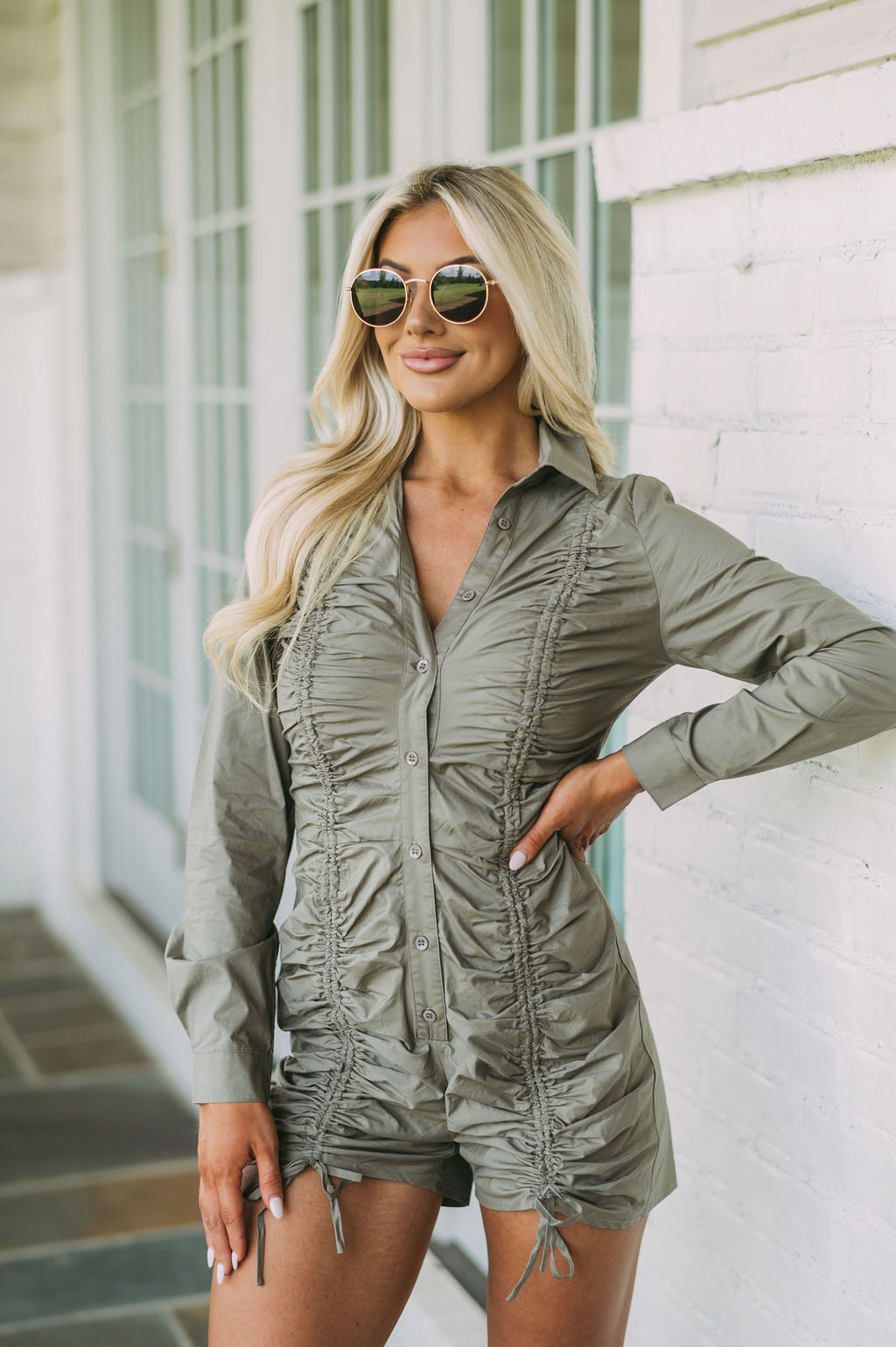 Ruched Button Down Romper-Olive