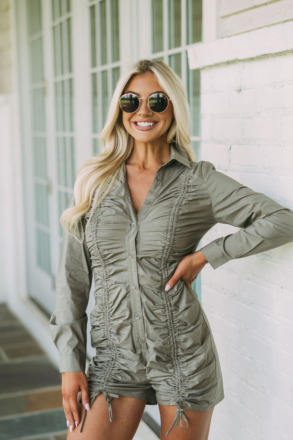 Ruched Button Down Romper-Olive