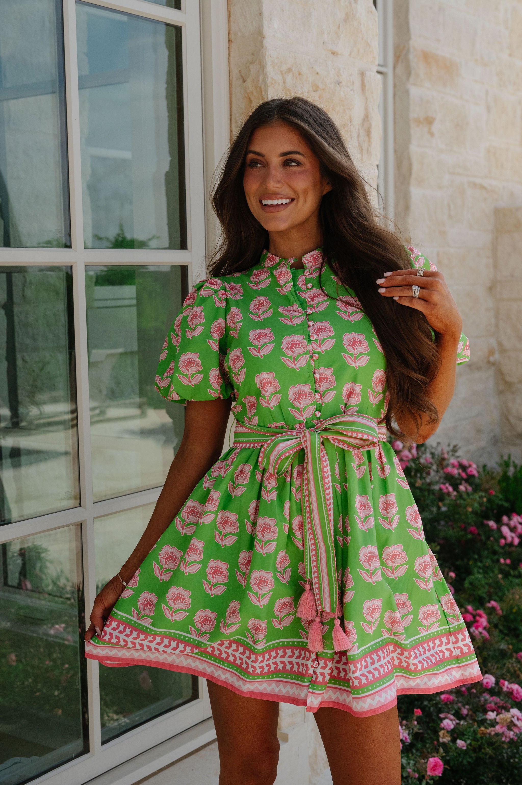Janie Floral Belted Mini Dress-Green Multi L Janie Floral Belted Mini Dress-Green Multi L
