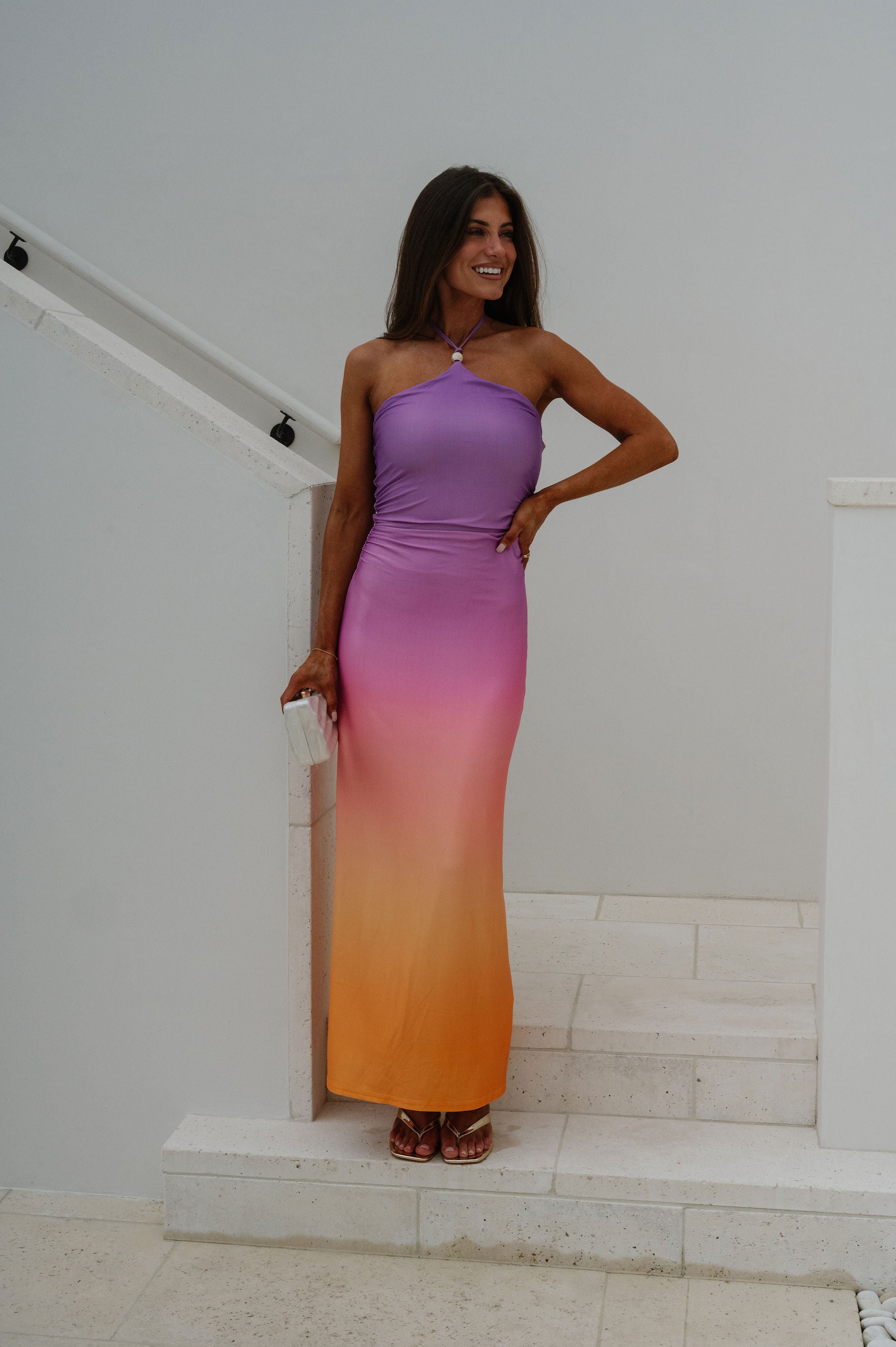 halter ombre dress Betsy & Adam Women's Ombre Sleeveless Draped Halter Gown - Navy/Teal main image 1