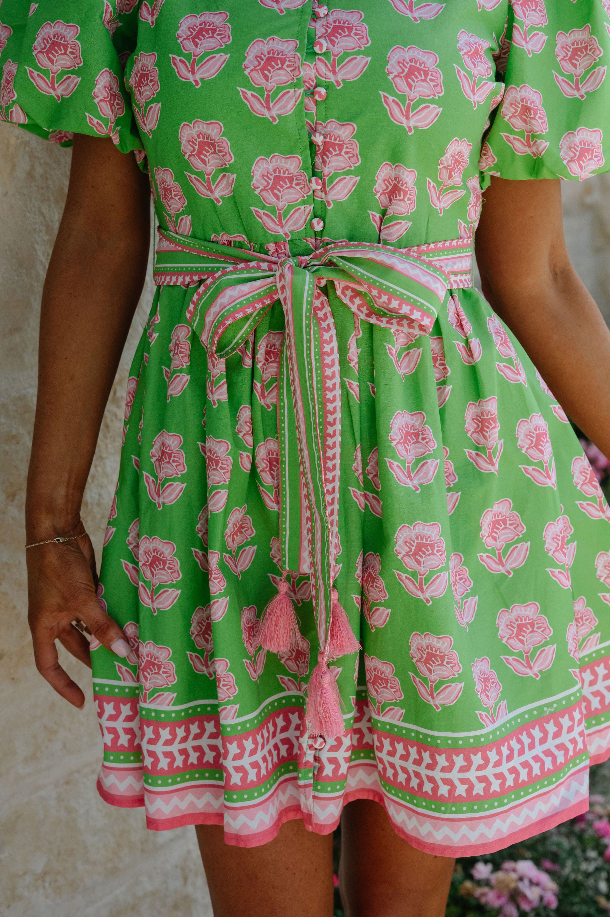 Janie Floral Belted Mini Dress-Green Multi